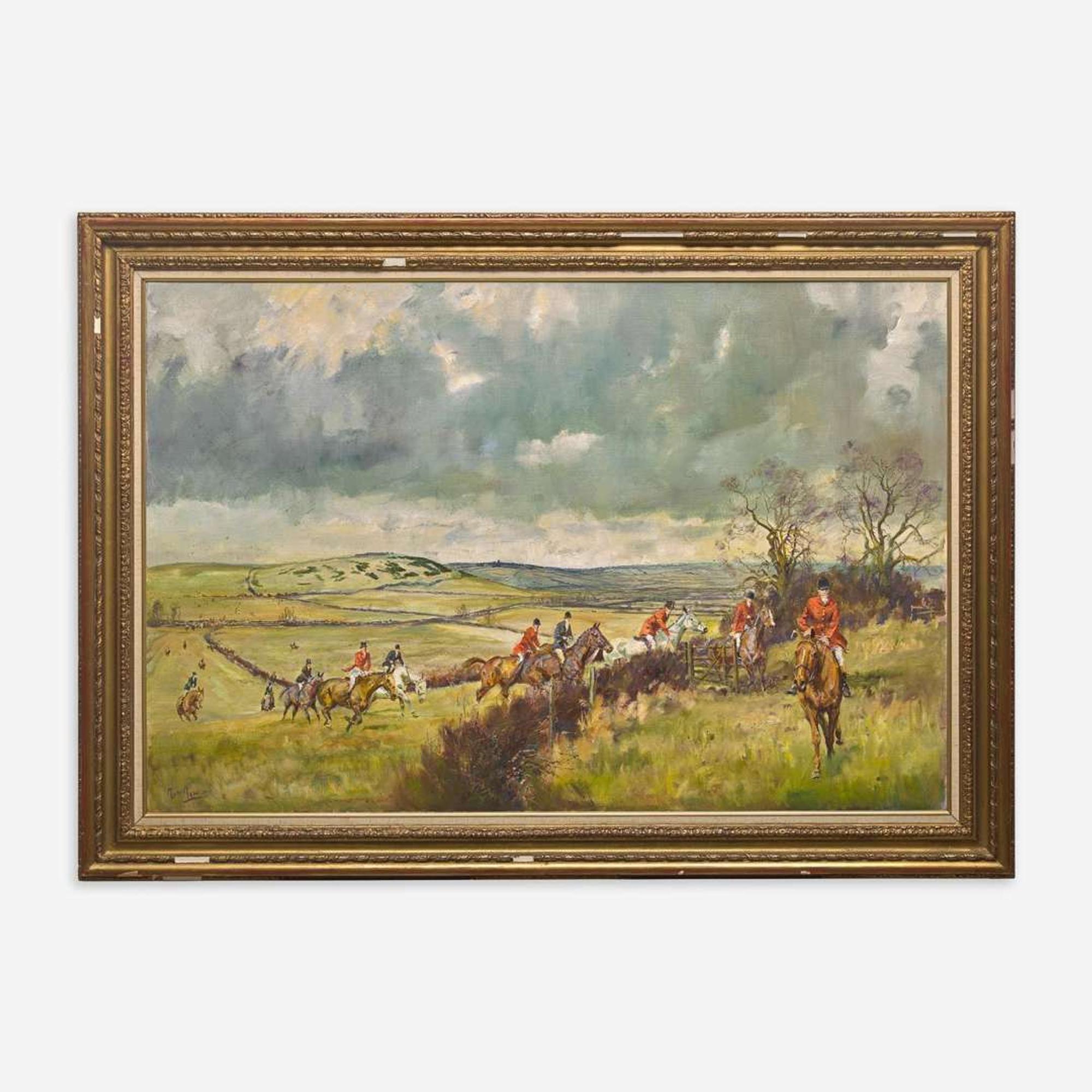 Michael Lyne (British, 1912–1989) The Fernie Near Cranoe - A Hunt from Caudle Church, Langton Tower on the Skyline.