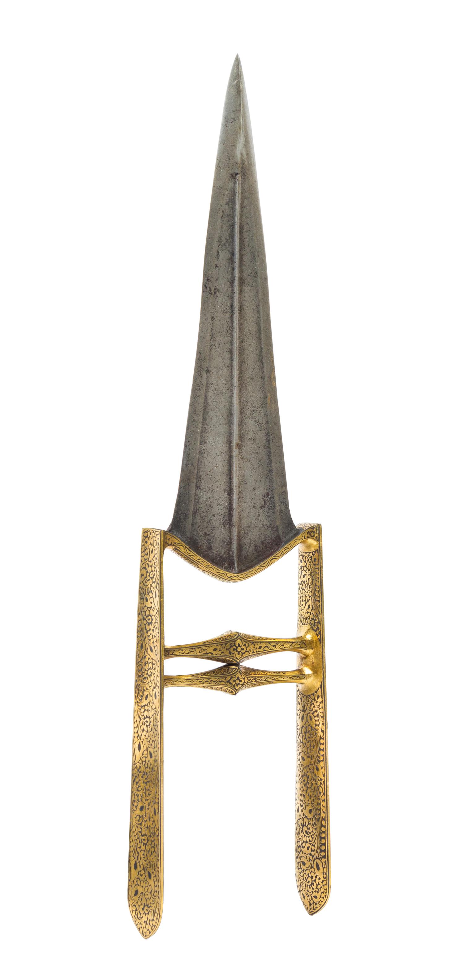 An Indian Iron and Gilt Metal Katar Knife 19TH CENTURY Length 13 1/2 x width at handle 3 inches. — 19TH CENTURY