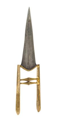 An Indian Iron and Gilt Metal Katar Knife 19TH CENTURY Length 13 1/2 x width at handle 3 inches. — 19TH CENTURY