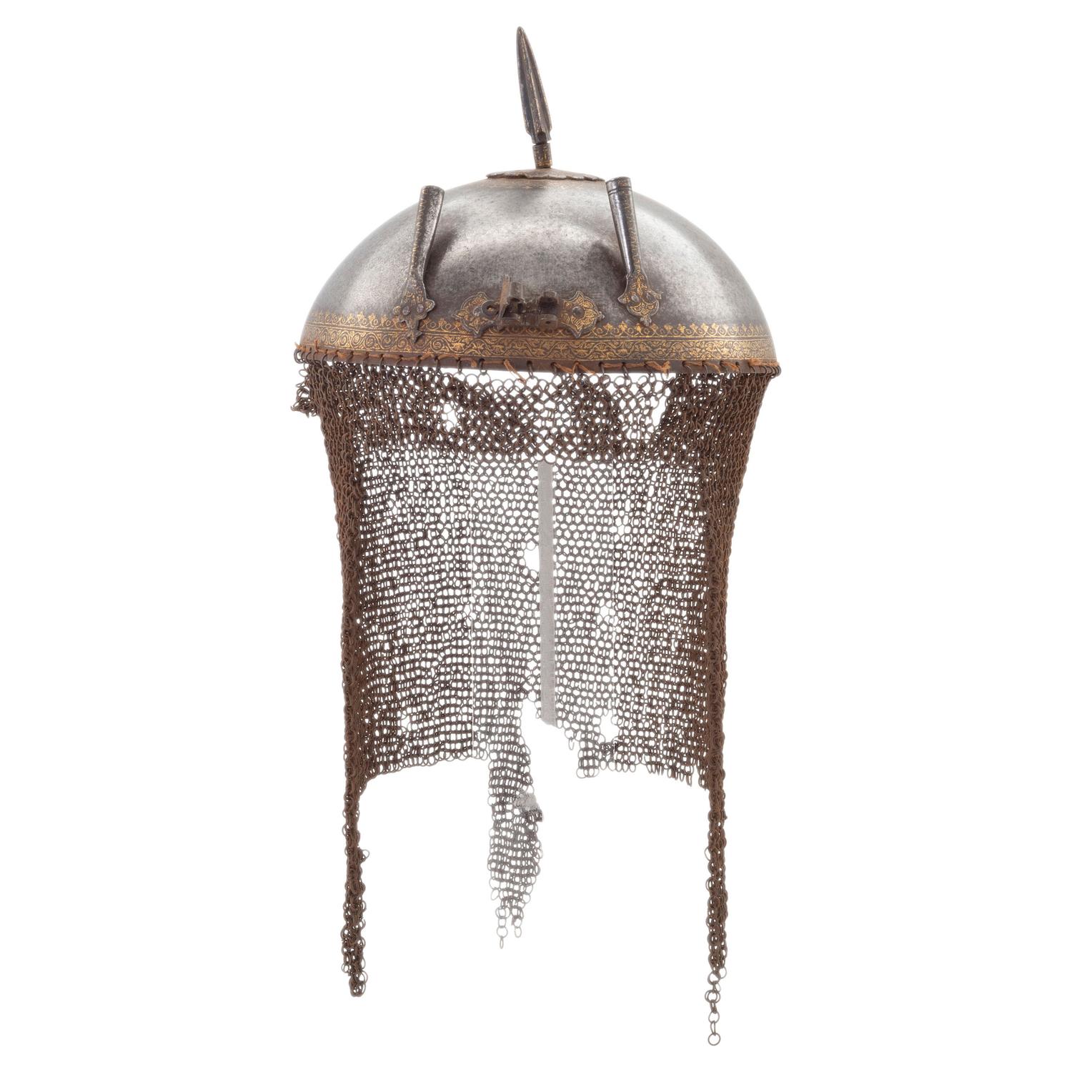 Indo Persian Kulah Khud Spiked Helmet with Chainmail Aventail