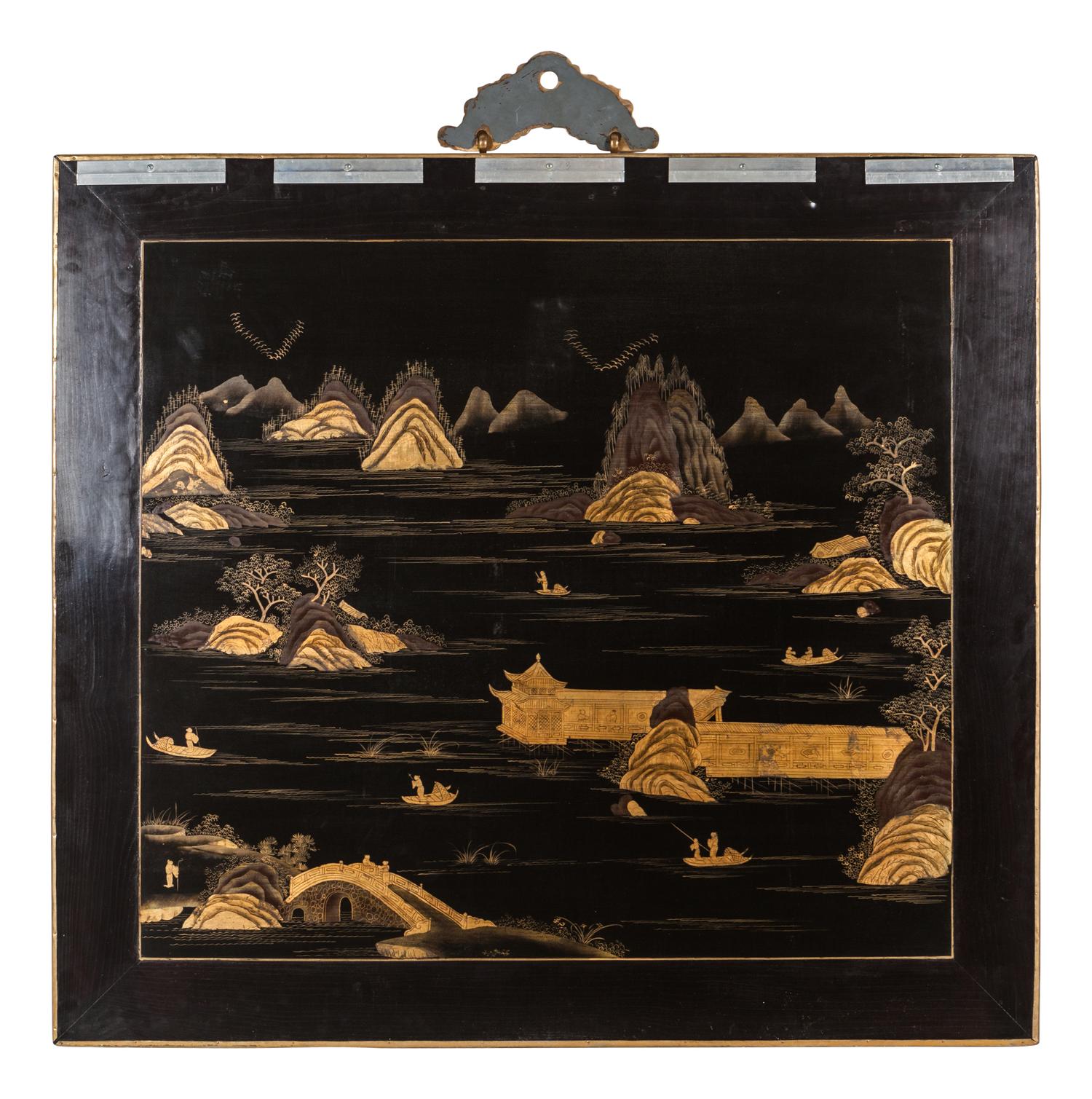 A Pair of Chinese Export Gilt Bronze-Framed Hardstone Inset Lacquered Wall Panels — 20TH CENTURY