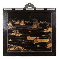 A Pair of Chinese Export Gilt Bronze-Framed Hardstone Inset Lacquered Wall Panels — 20TH CENTURY