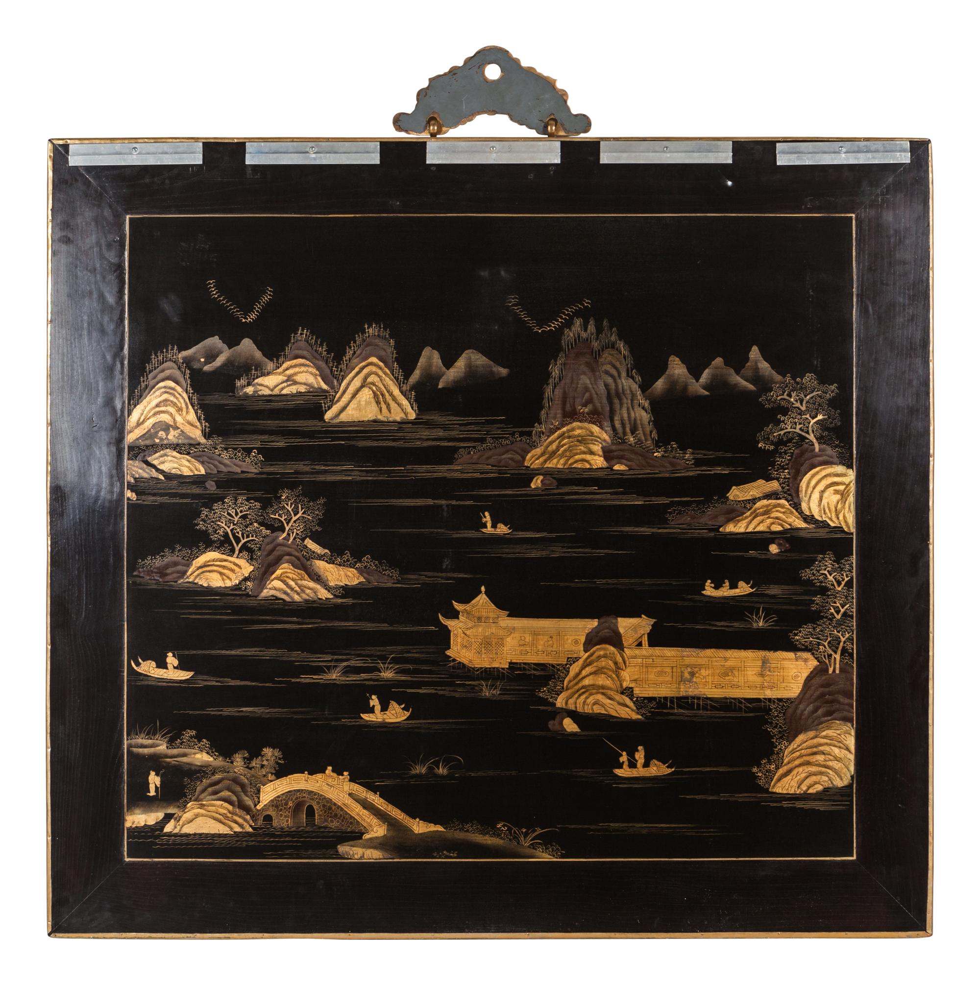 A Pair of Chinese Export Gilt Bronze-Framed Hardstone Inset Lacquered Wall Panels — 20TH CENTURY