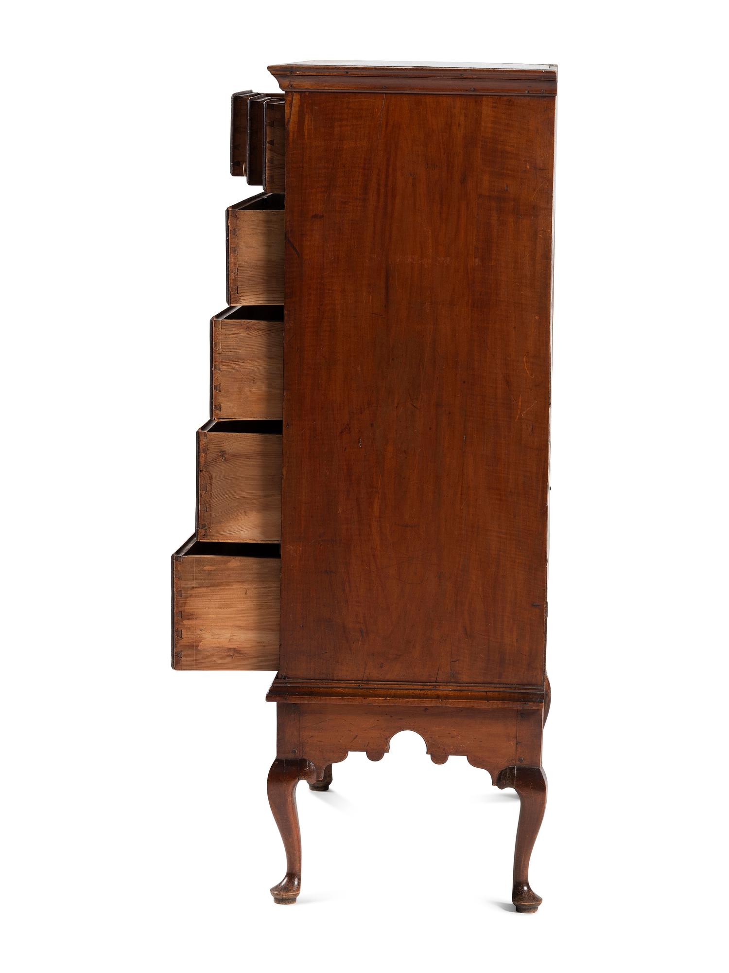 A Queen Anne Fan-Carved Maple and White Pine Flat-Top Chest on Frame