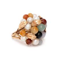 YELLOW GOLD, MULTICOLOR JADE AND CULTURED PEARL RING