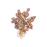 PINK SAPPHIRE, DIAMOND AND CULTURED PEARL FLOWER BROOCH