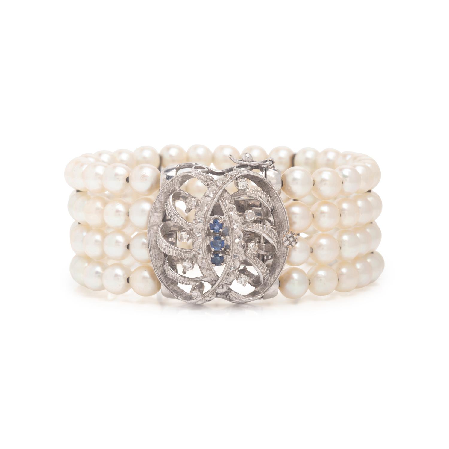 Cultured Pearl, White Gold, and Sapphire Bracelet