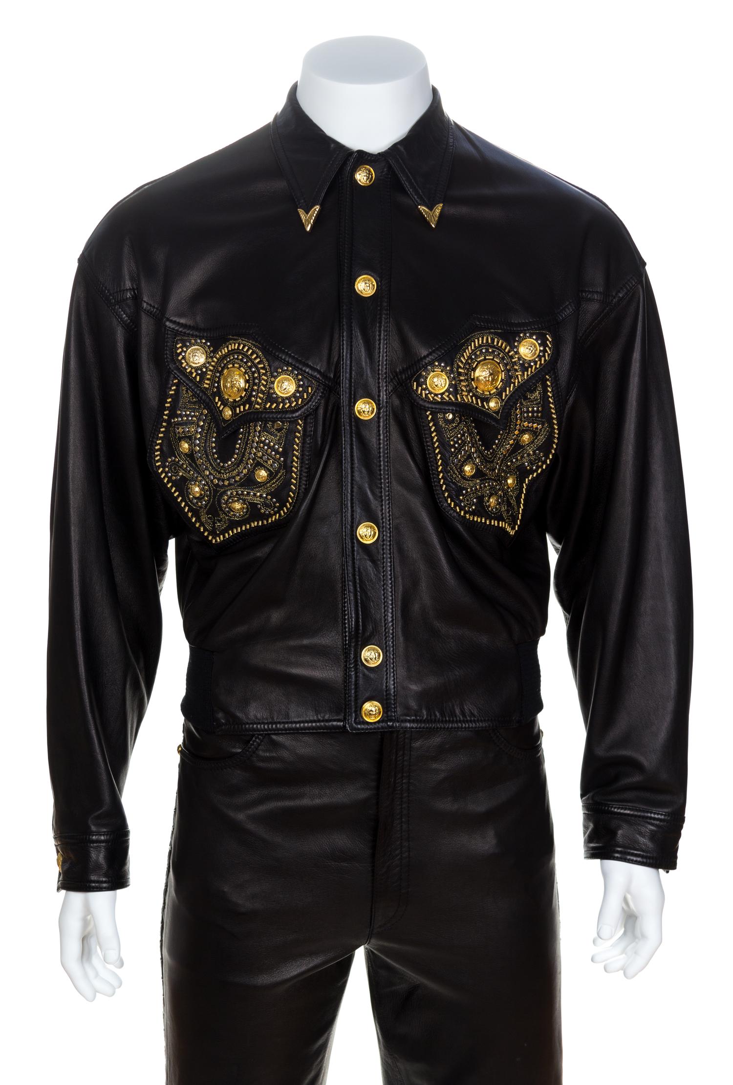A Gianni Versace Black Leather Men's Jacket, No size.