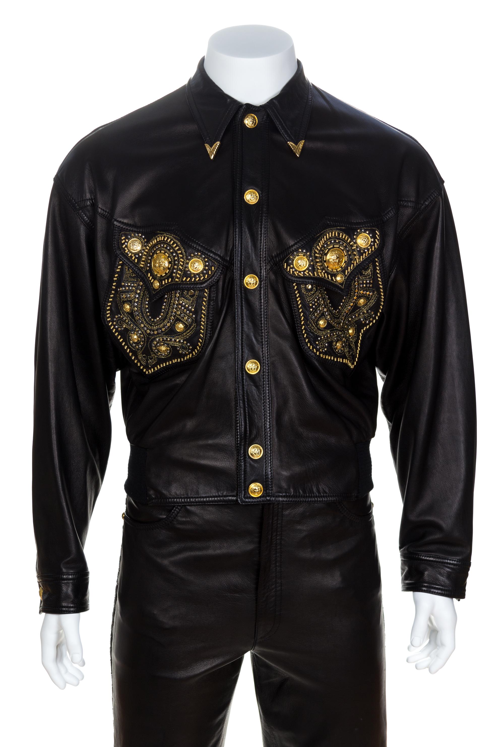 A Gianni Versace Black Leather Men's Jacket, No size.