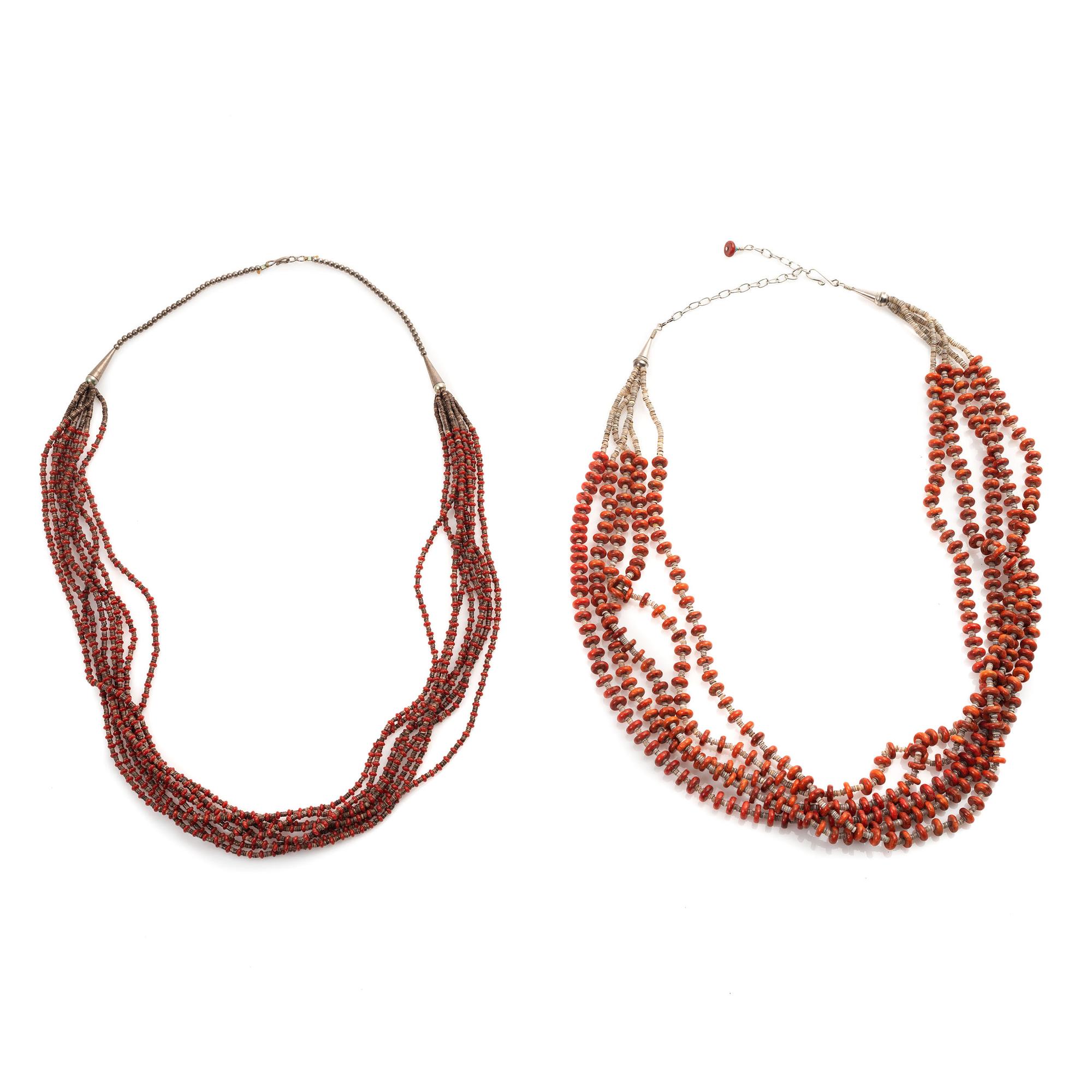 Pair of Pueblo Multi-Strand Coral and Heishi Necklaces