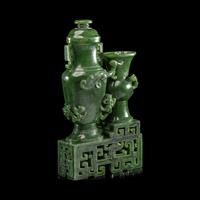 A Chinese Spinach Green Jade 'Dragon' Double Vase, Qianlong Mark 乾隆年制款碧玉雙聯瓶