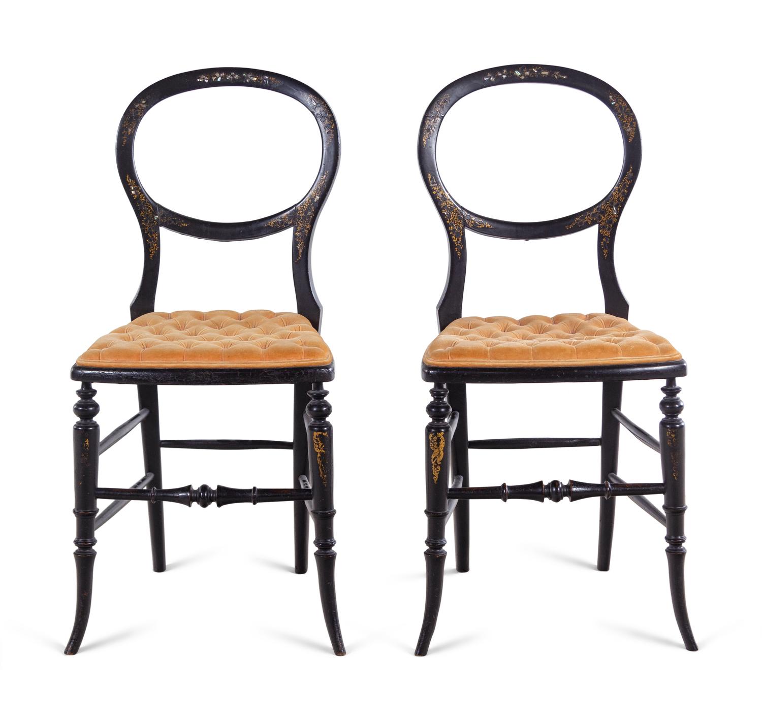 A Pair of French Ebonized, Paint Decorated and Mother-of-Pearl Inlaid Side Chairs