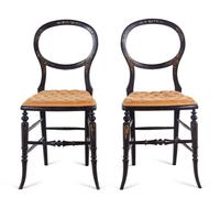 A Pair of French Ebonized, Paint Decorated and Mother-of-Pearl Inlaid Side Chairs