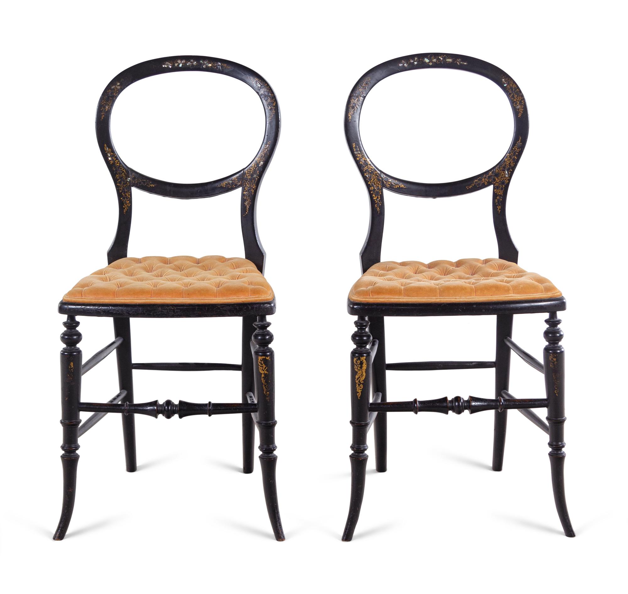 A Pair of French Ebonized, Paint Decorated and Mother-of-Pearl Inlaid Side Chairs