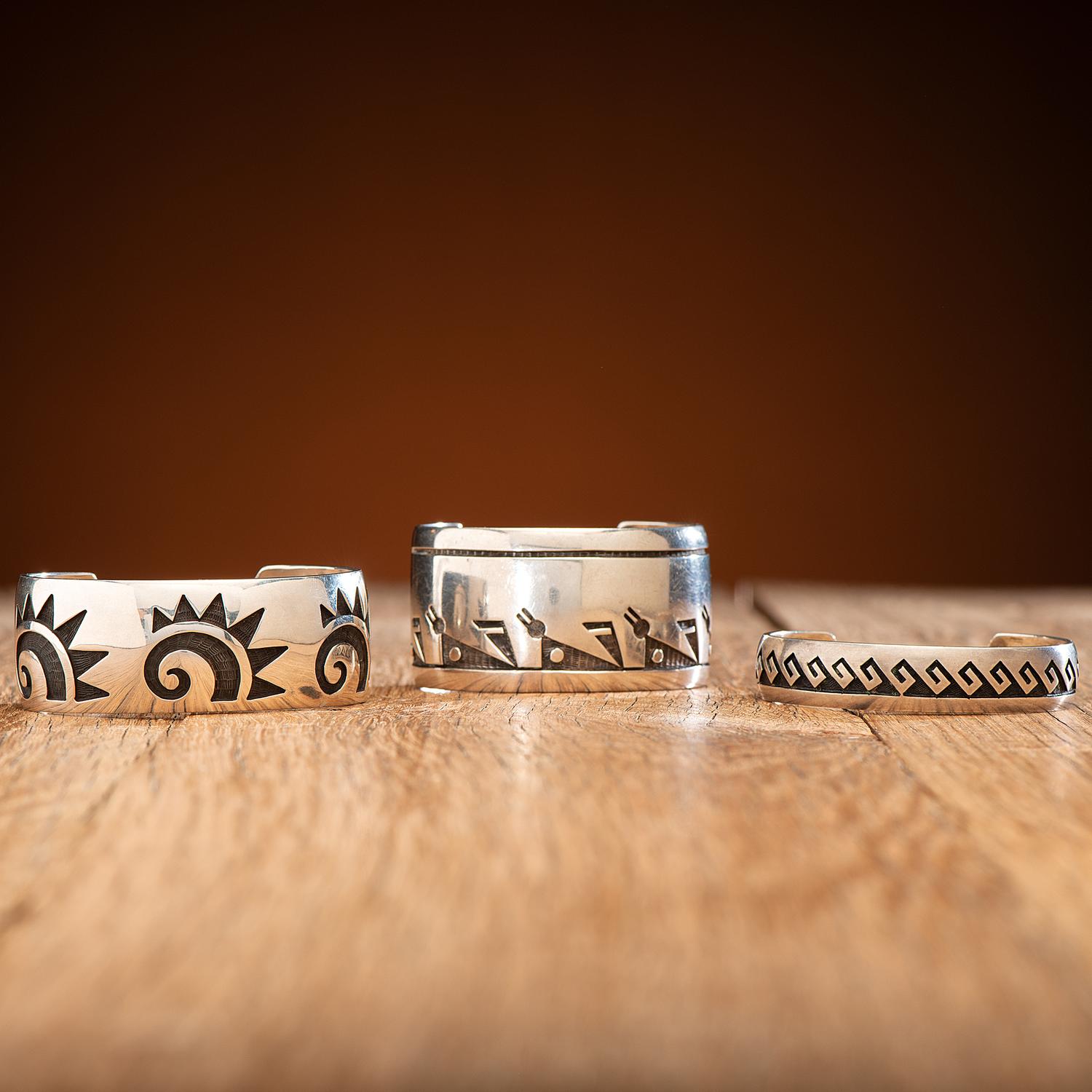 Bernard Dawahoya (Hopi, 1937-2010) Silver Overlay Cuff Bracelets