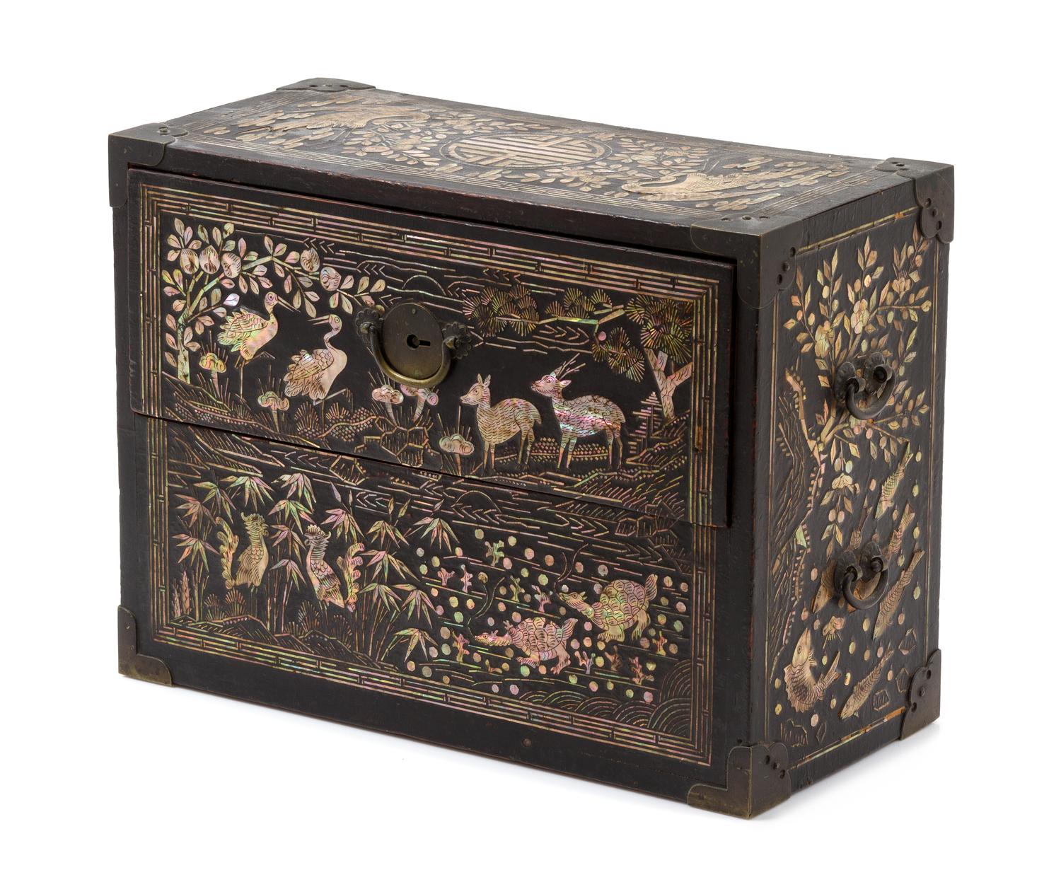 A Mother-of-Pearl Inlaid Lacquer Box Height 9 x width 12 1/4 x depth 5 3/4 inches.