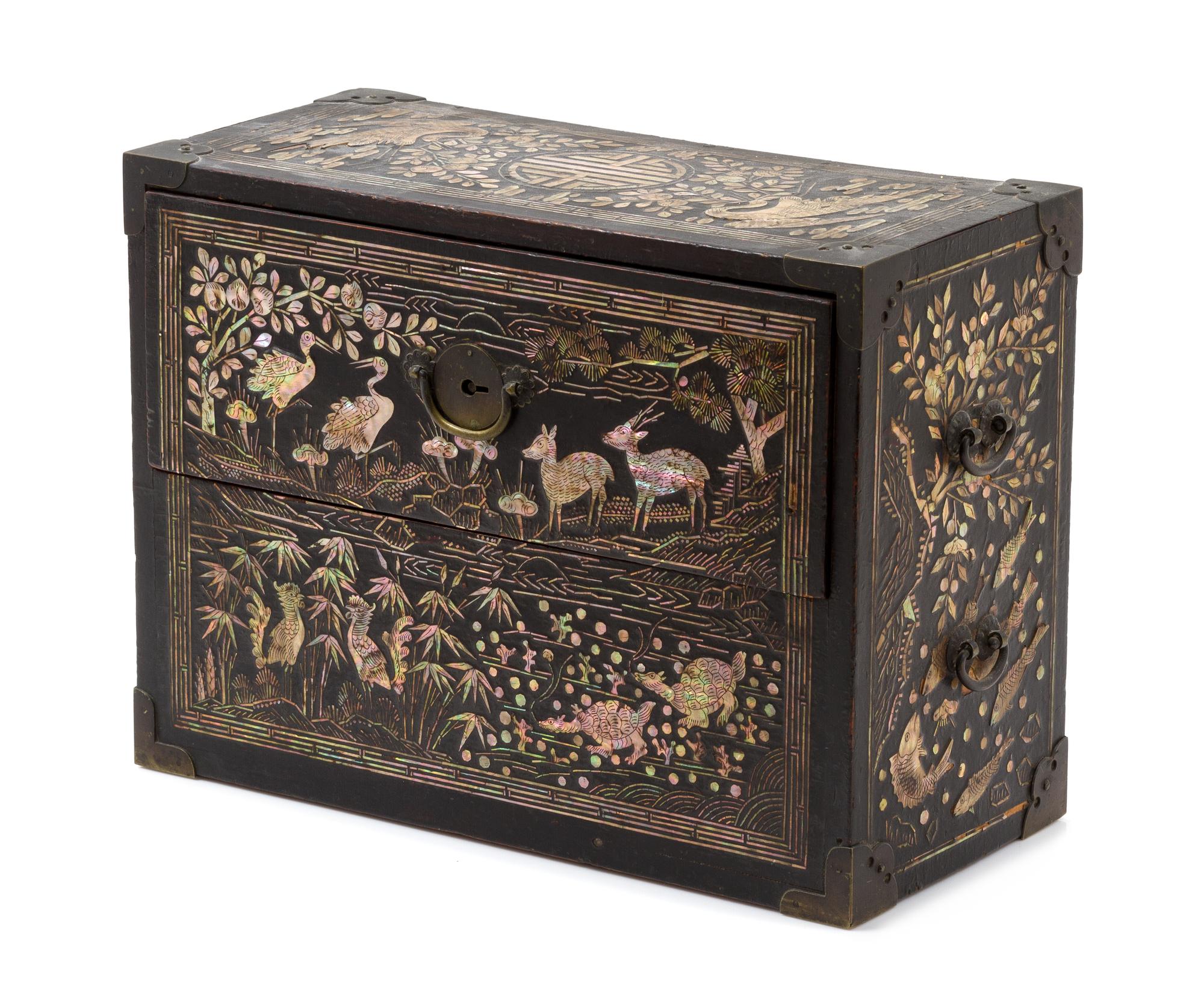 A Mother-of-Pearl Inlaid Lacquer Box Height 9 x width 12 1/4 x depth 5 3/4 inches.