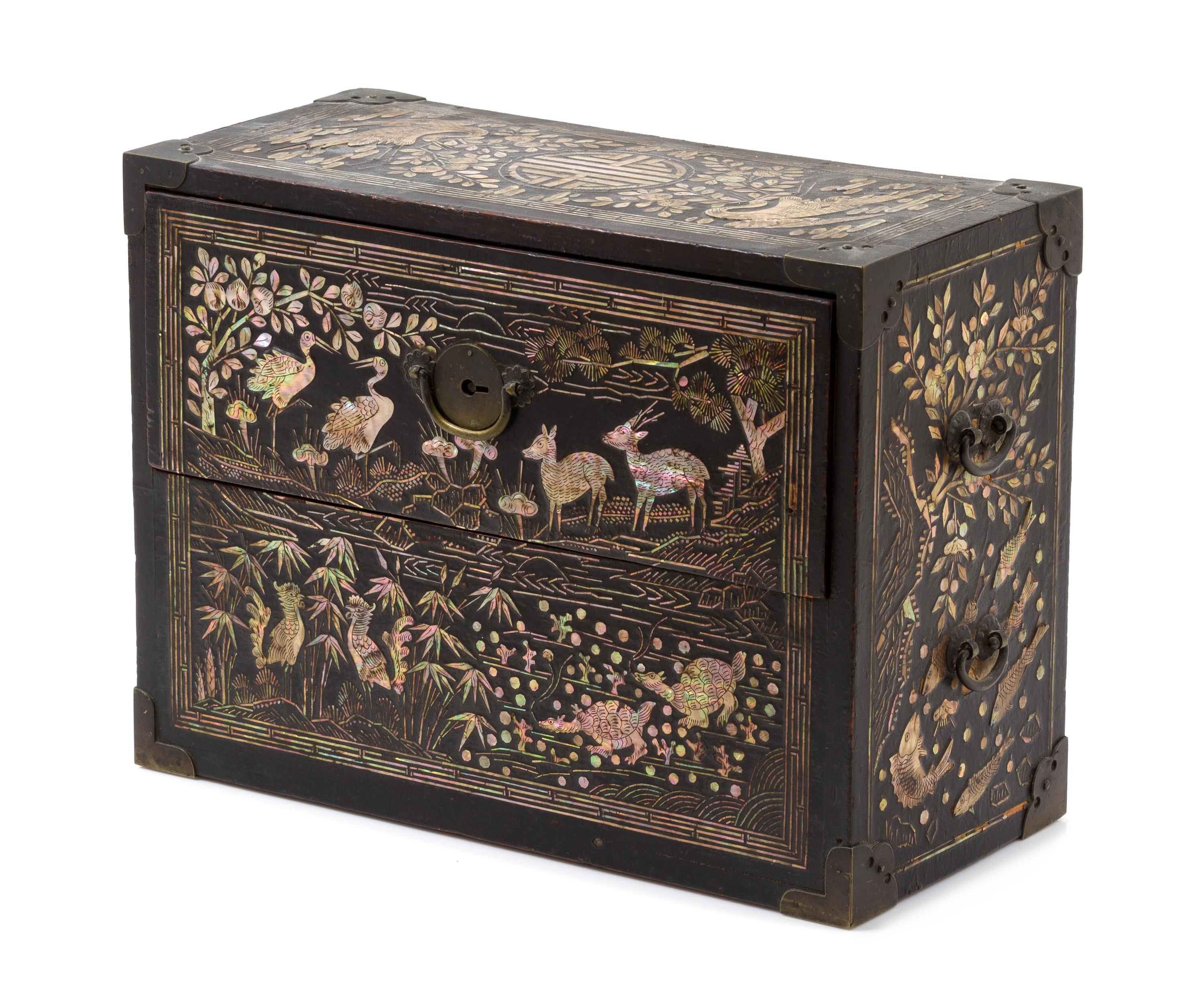 A Mother-of-Pearl Inlaid Lacquer Box Height 9 x width 12 1/4 x depth 5 3/4 inches.