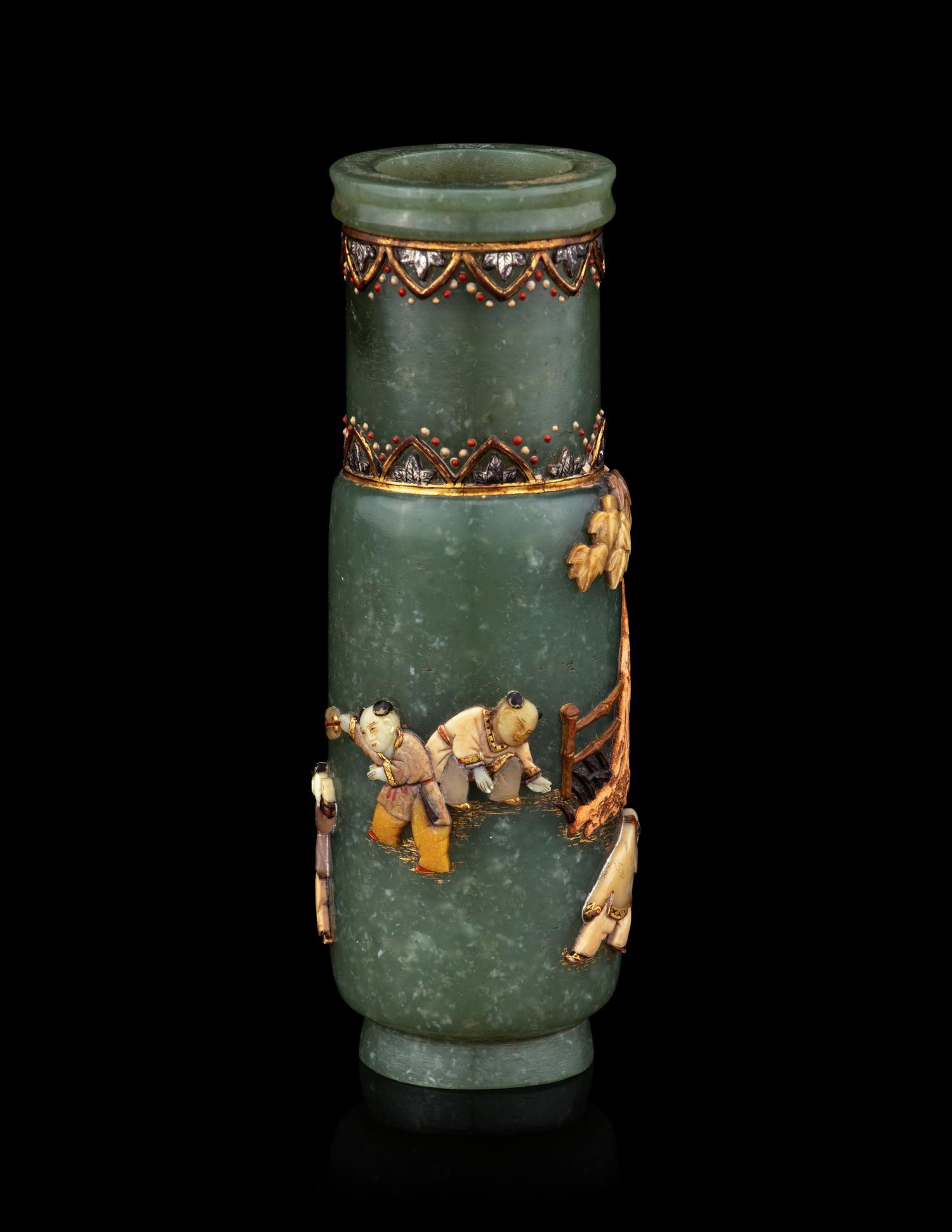 A Hardstone Embellished Spinach Jade Incense Vase