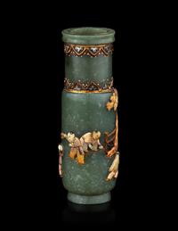 A Hardstone Embellished Spinach Jade Incense Vase