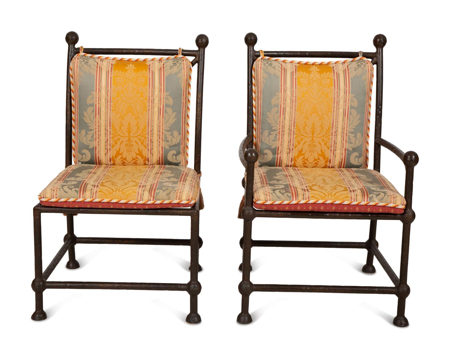 Eight Spanish Style Bronzed Metal Dining Chairs