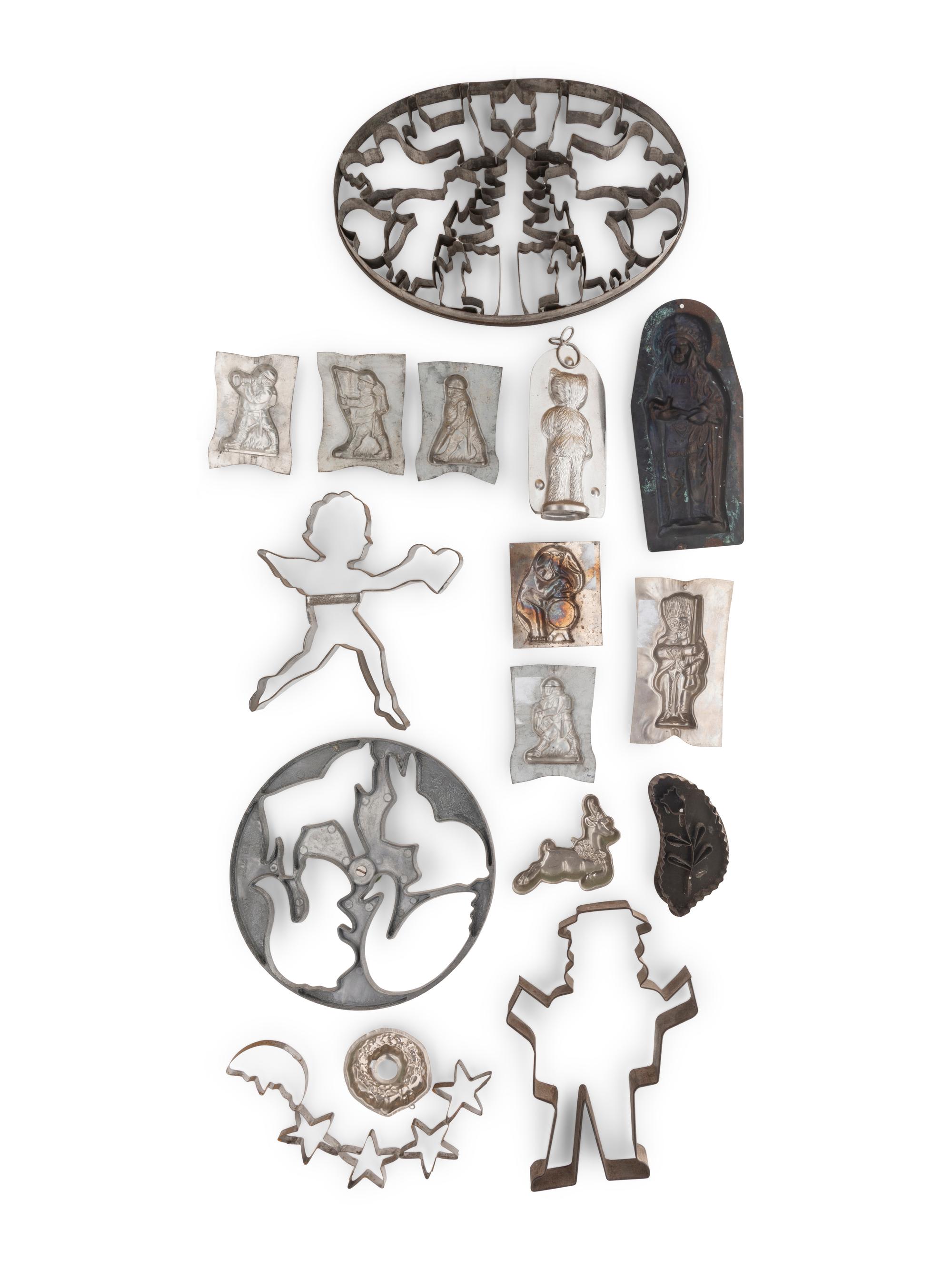 Sixteen Tin and Copper Figural Cookie Cutters and Candy Molds
