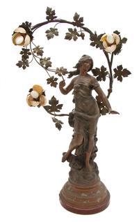 An Art Nouveau Cast Metal Three-Light Figural Newel Lamp, after Auguste Moreau, Height 35 1/2 inches.