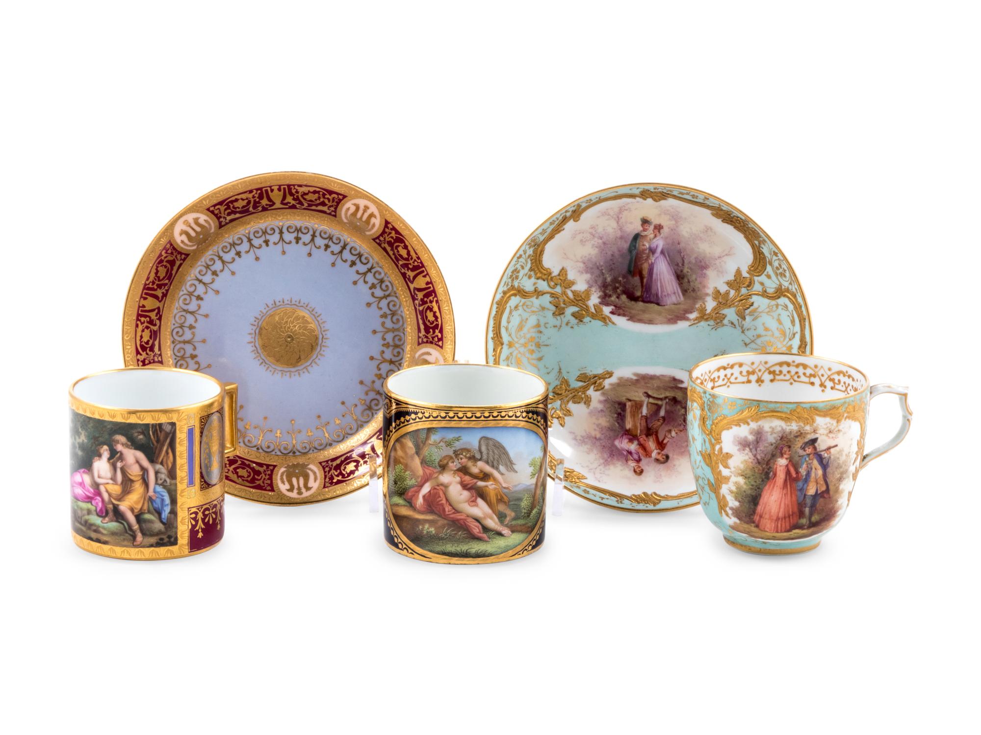 Three Continental Painted Porcelain Cups with Two Saucers