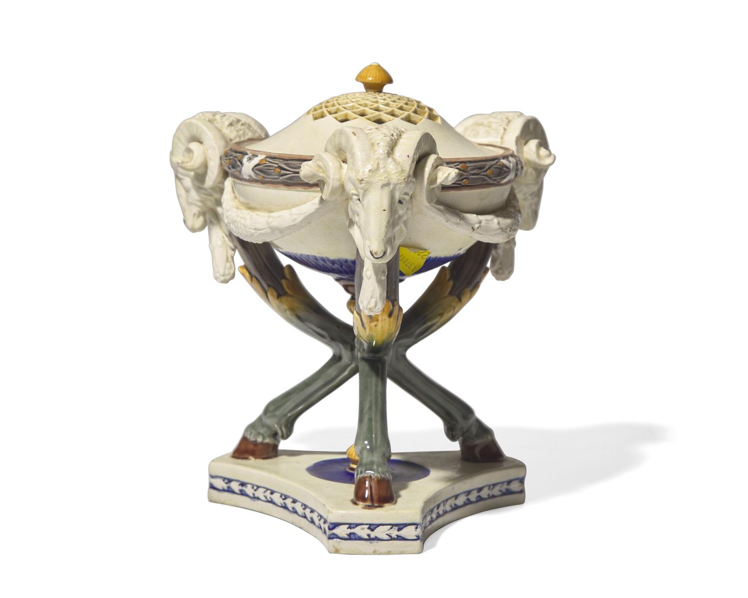 A Wedgwood Majolica Tripod Censer and Pierced Cover