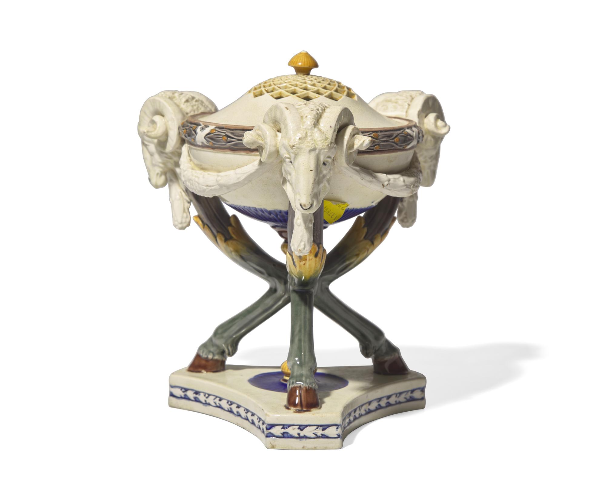 A Wedgwood Majolica Tripod Censer and Pierced Cover