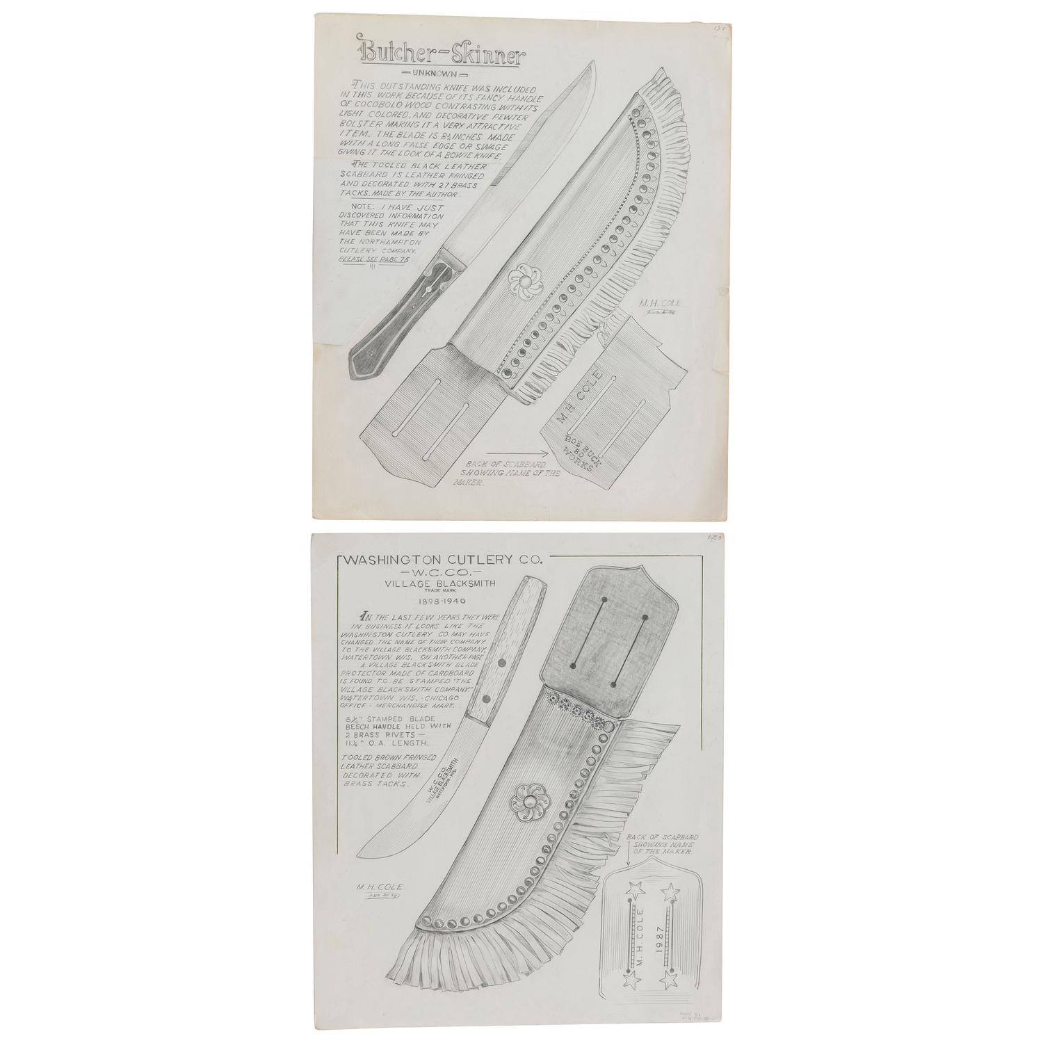 Rare MH Cole Skinning Knife Book Archive with Two Knives, MH Cole Scabbards and Original Publication Illustrations and More