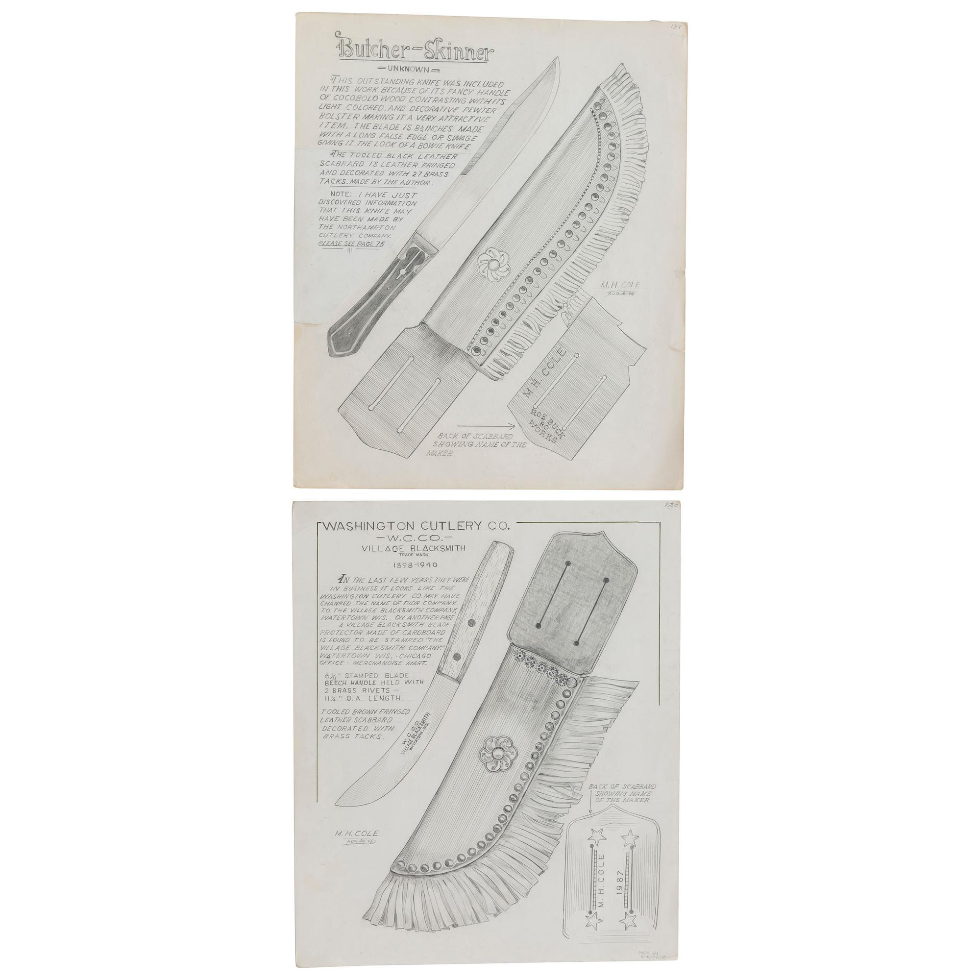 Rare MH Cole Skinning Knife Book Archive with Two Knives, MH Cole Scabbards and Original Publication Illustrations and More