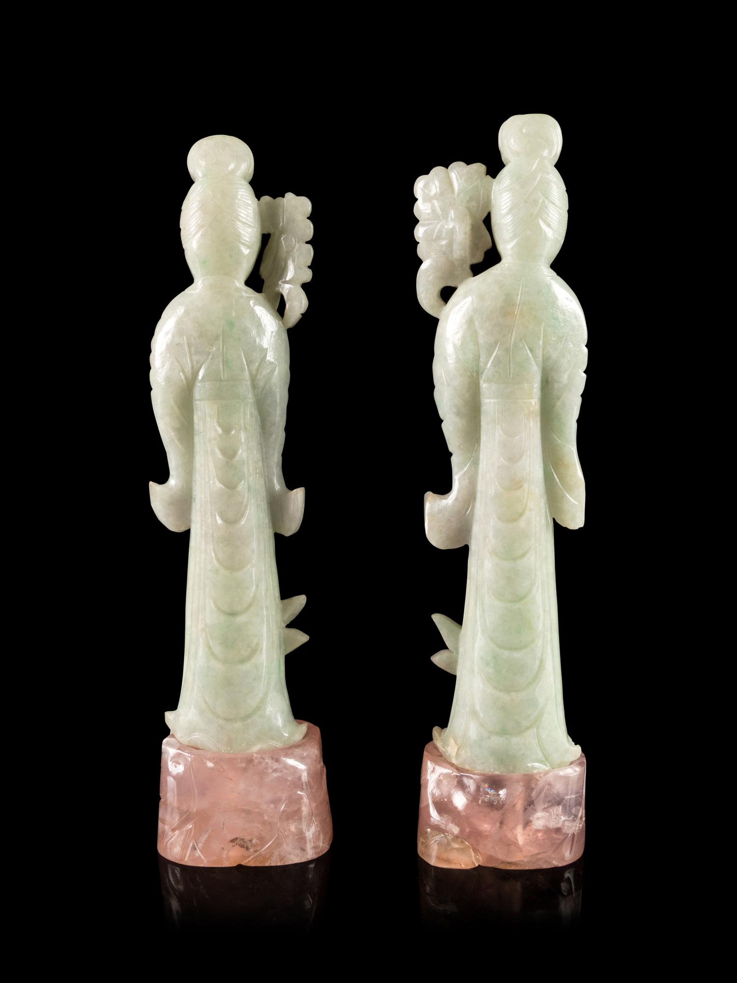 A Pair of Pale Celadon Jadeite Figures of Female Immortals