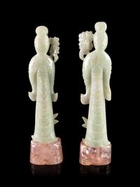 A Pair of Pale Celadon Jadeite Figures of Female Immortals