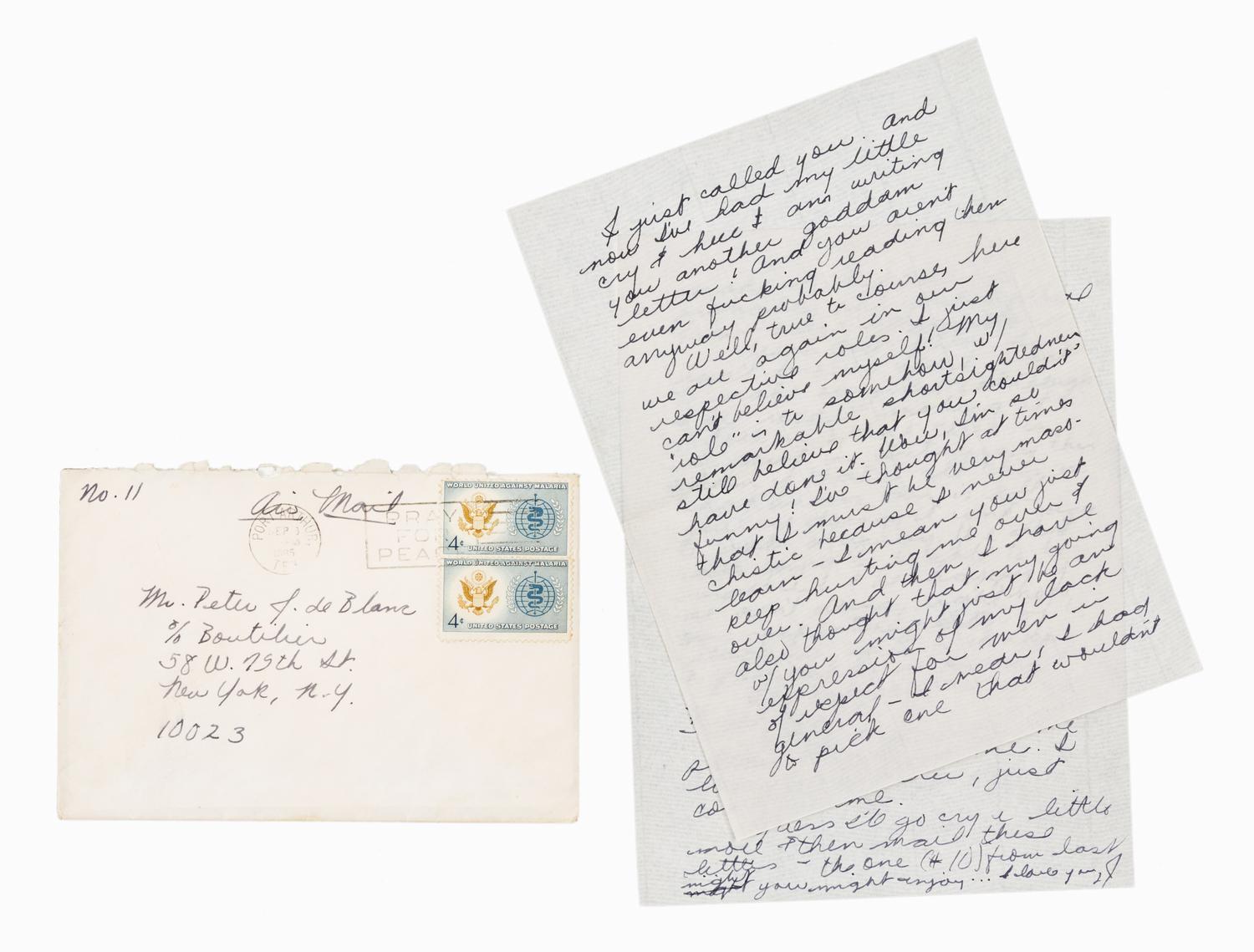JOPLIN, Janis. Autographed letter signed ("J"), to Peter J. de Blanc, Port Arthur, n.d. [envelope postmarked 3 September 1965].