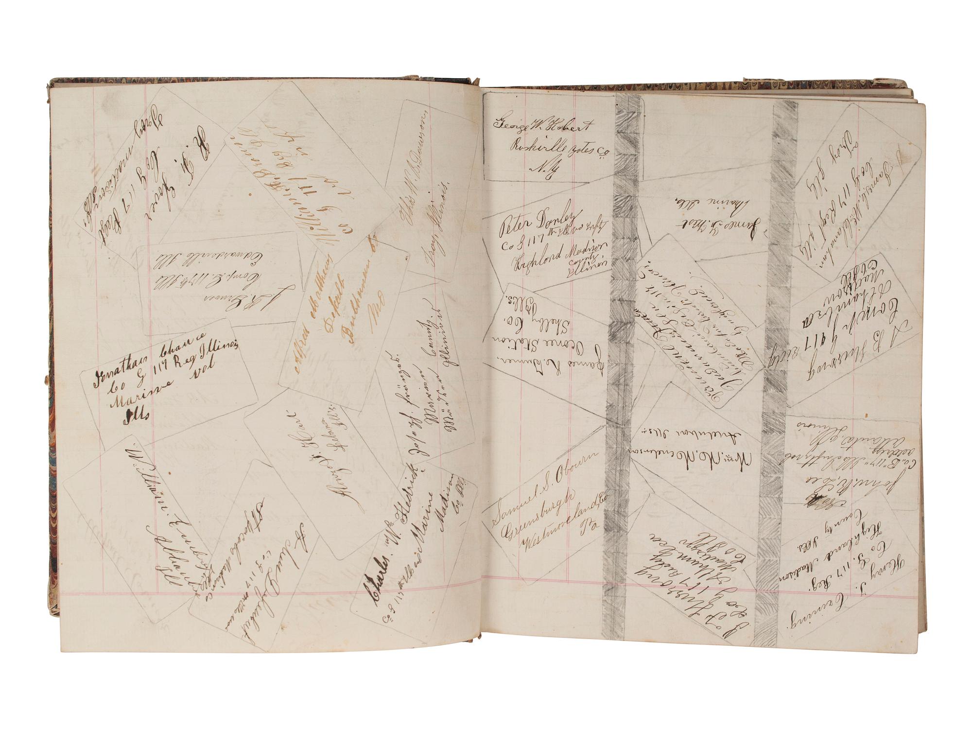 [CIVIL WAR]. Immediate post-war journal containing entries from 30+ soldiers of the 117th Illinois Infantry.