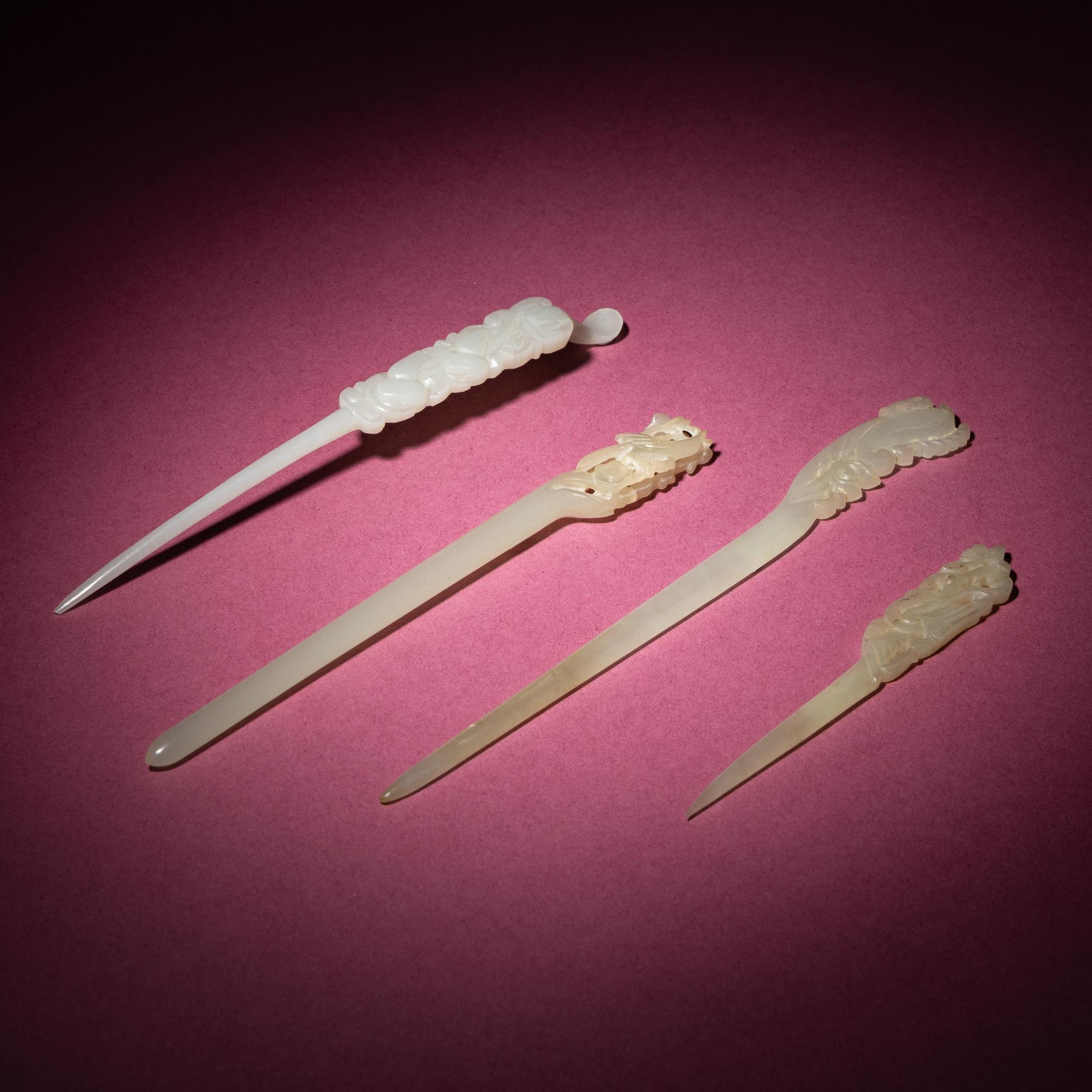 Four Chinese Carved Jade Hairpins, Qing Dynasty — 清 玉簪四支