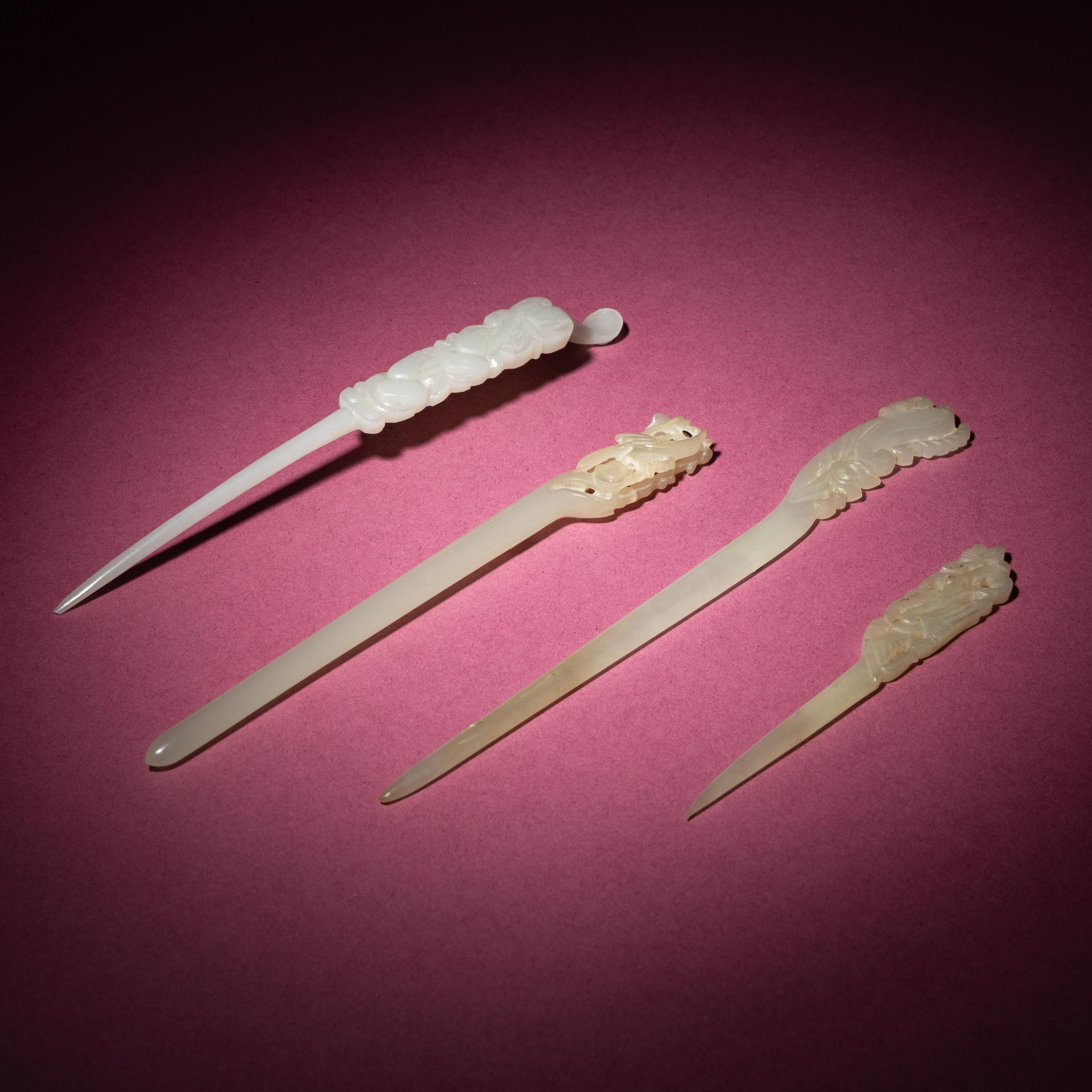 Four Chinese Carved Jade Hairpins, Qing Dynasty — 清 玉簪四支
