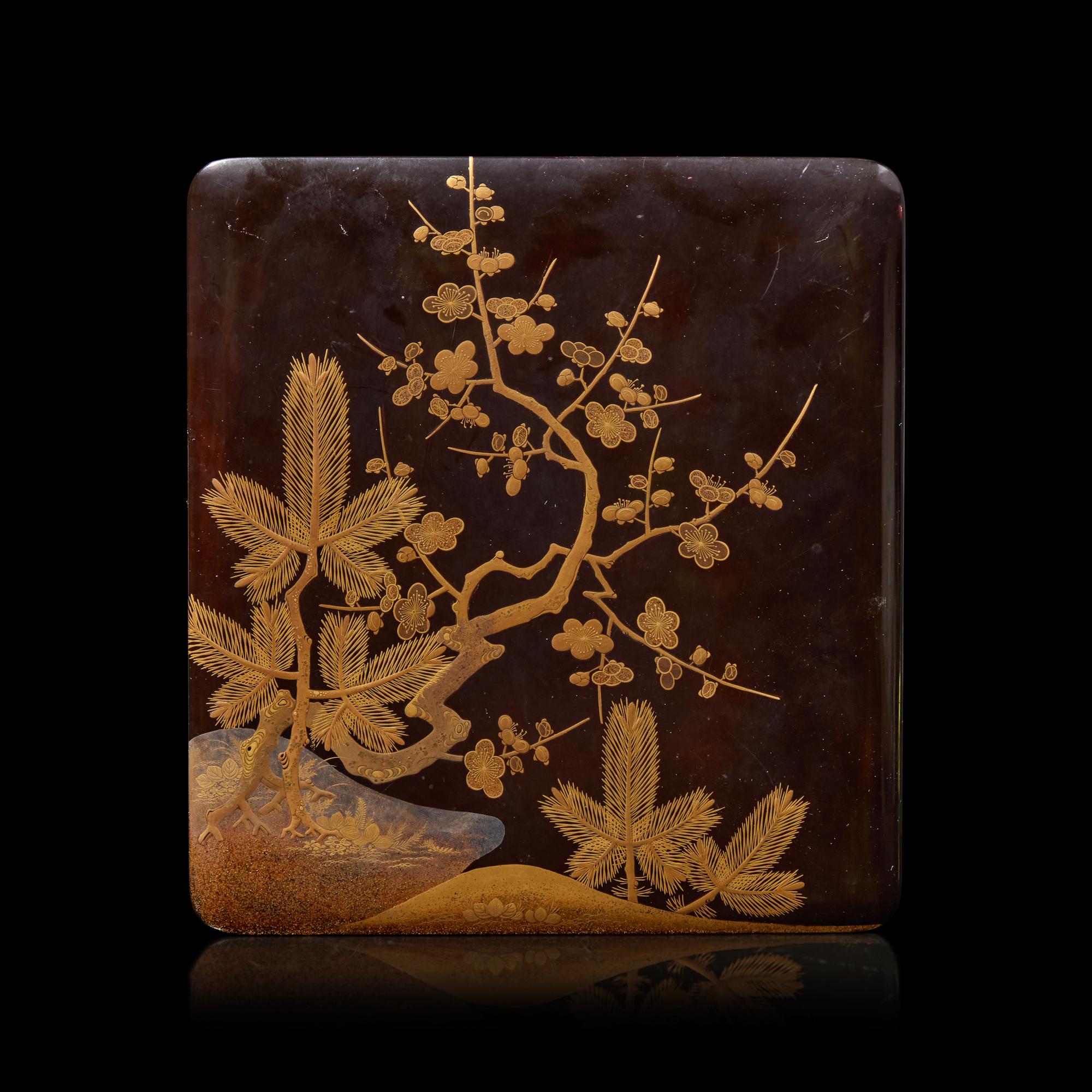 A Japanese Gilt-Decorated Lacquer "Prunus and Pine" Stationery Box, Late Edo to Meiji Period