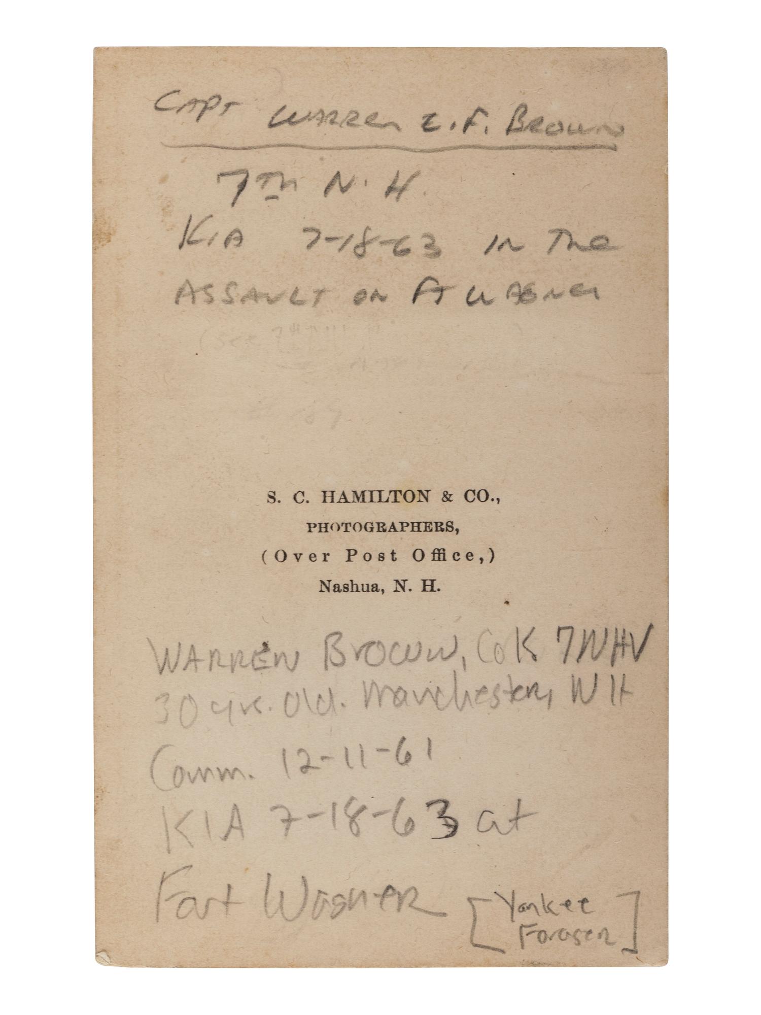 [CIVIL WAR]. Items related to two 7th New Hampshire Volunteers KIA at Fort Wagner, SC, incl. Captain Warren E. F. Brown.