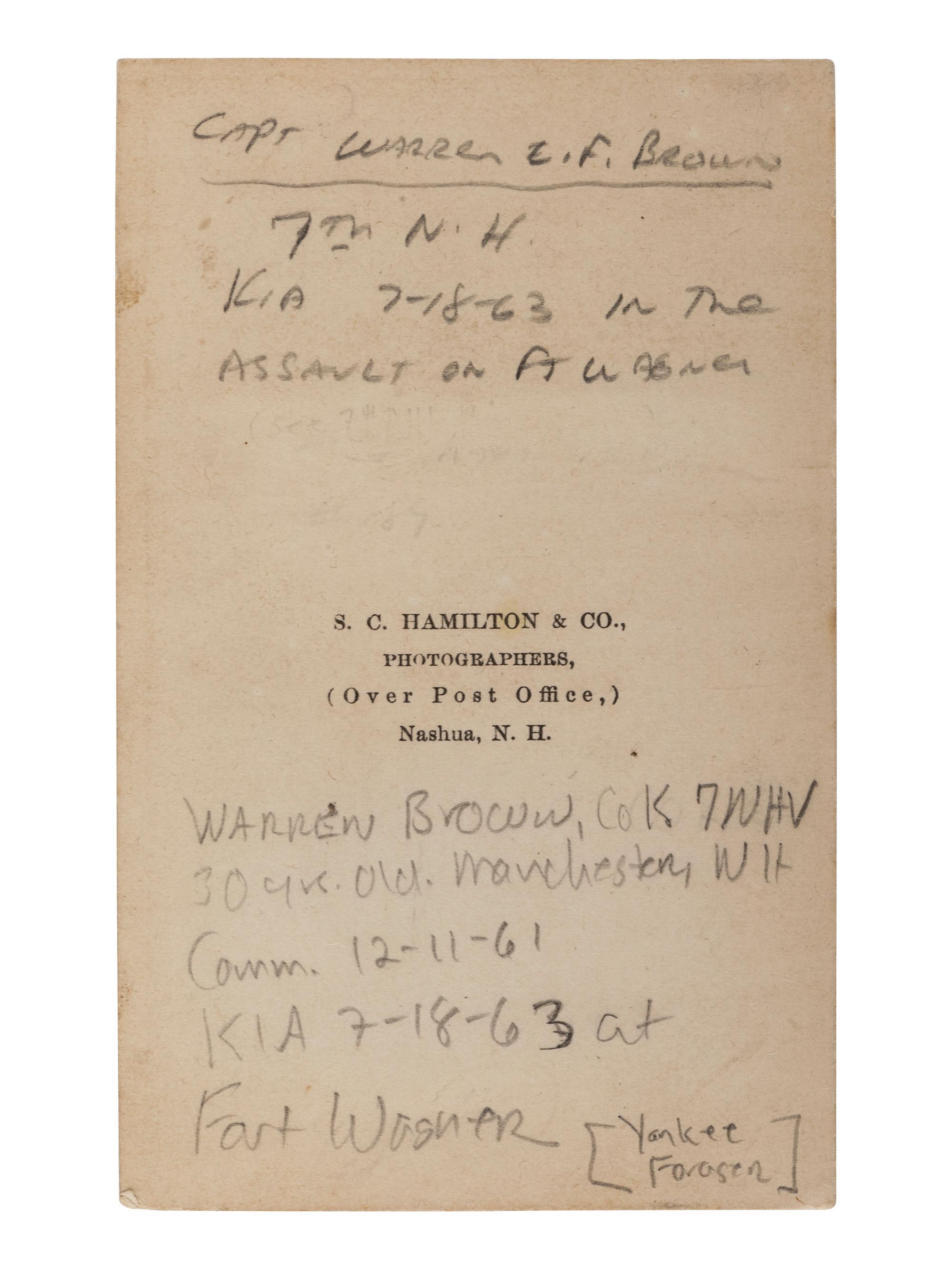 [CIVIL WAR]. Items related to two 7th New Hampshire Volunteers KIA at Fort Wagner, SC, incl. Captain Warren E. F. Brown.