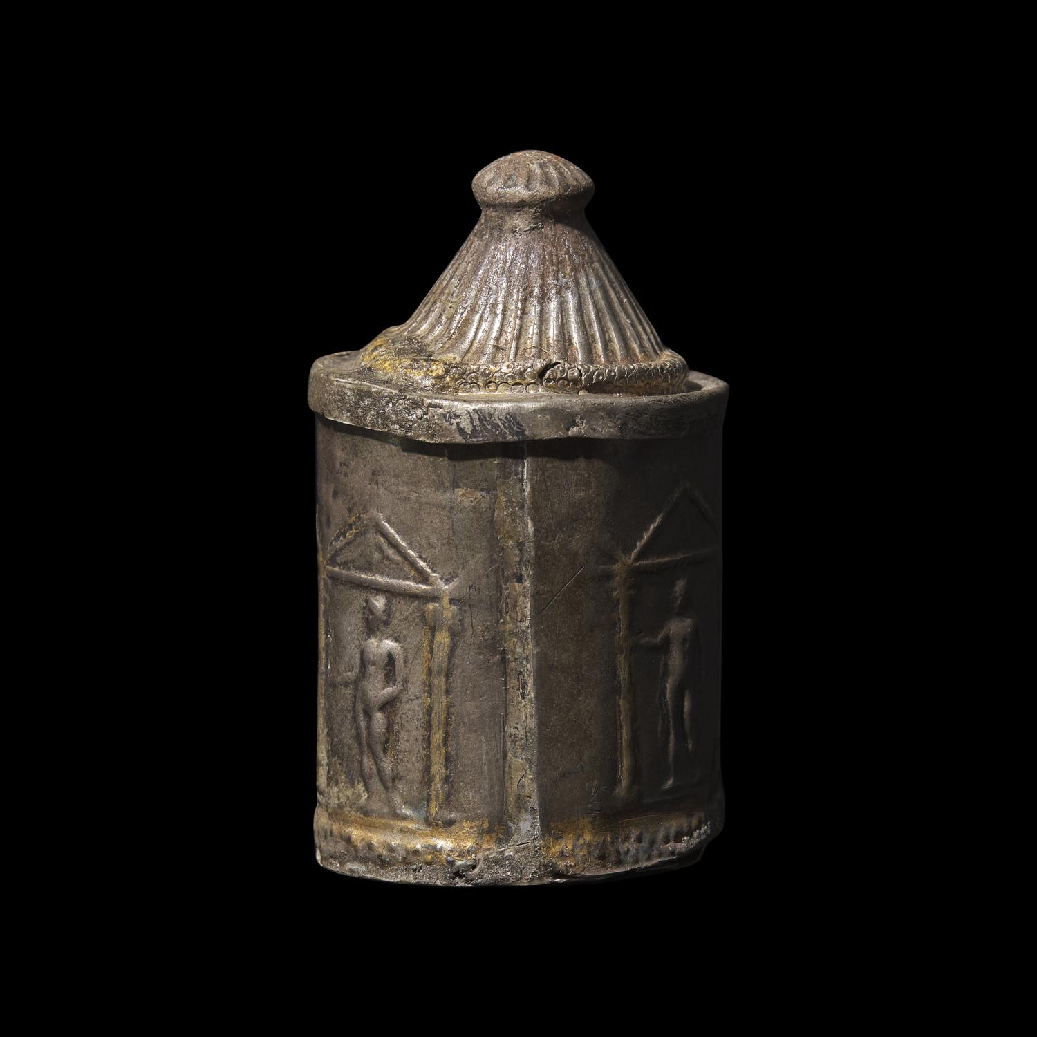 A Hellenistic Gilt-Silver Lidded Pyxis with Warriors