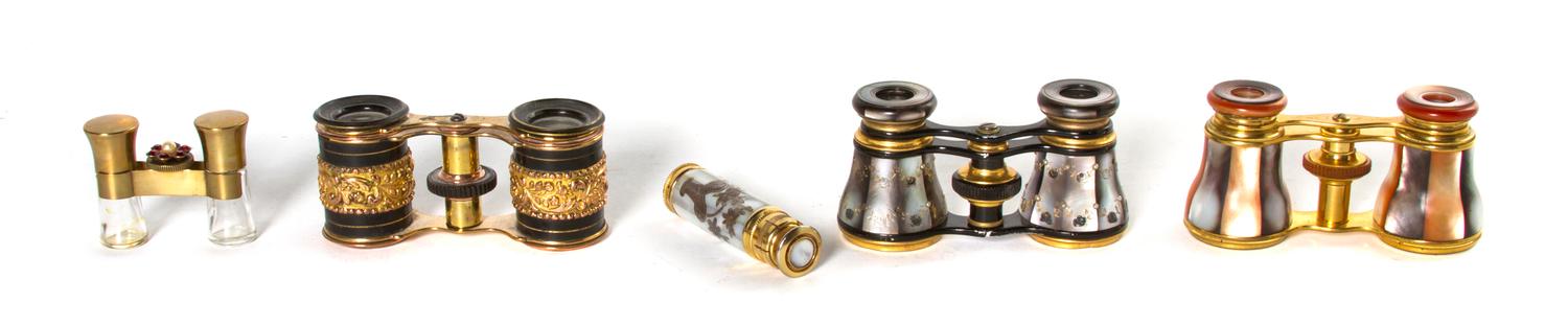 A Collection of Three Opera Glasses, Width of widest 3 7/8 inches.