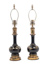 A Pair of French Enameled Glass Fluid Lamps Converted to Electricity