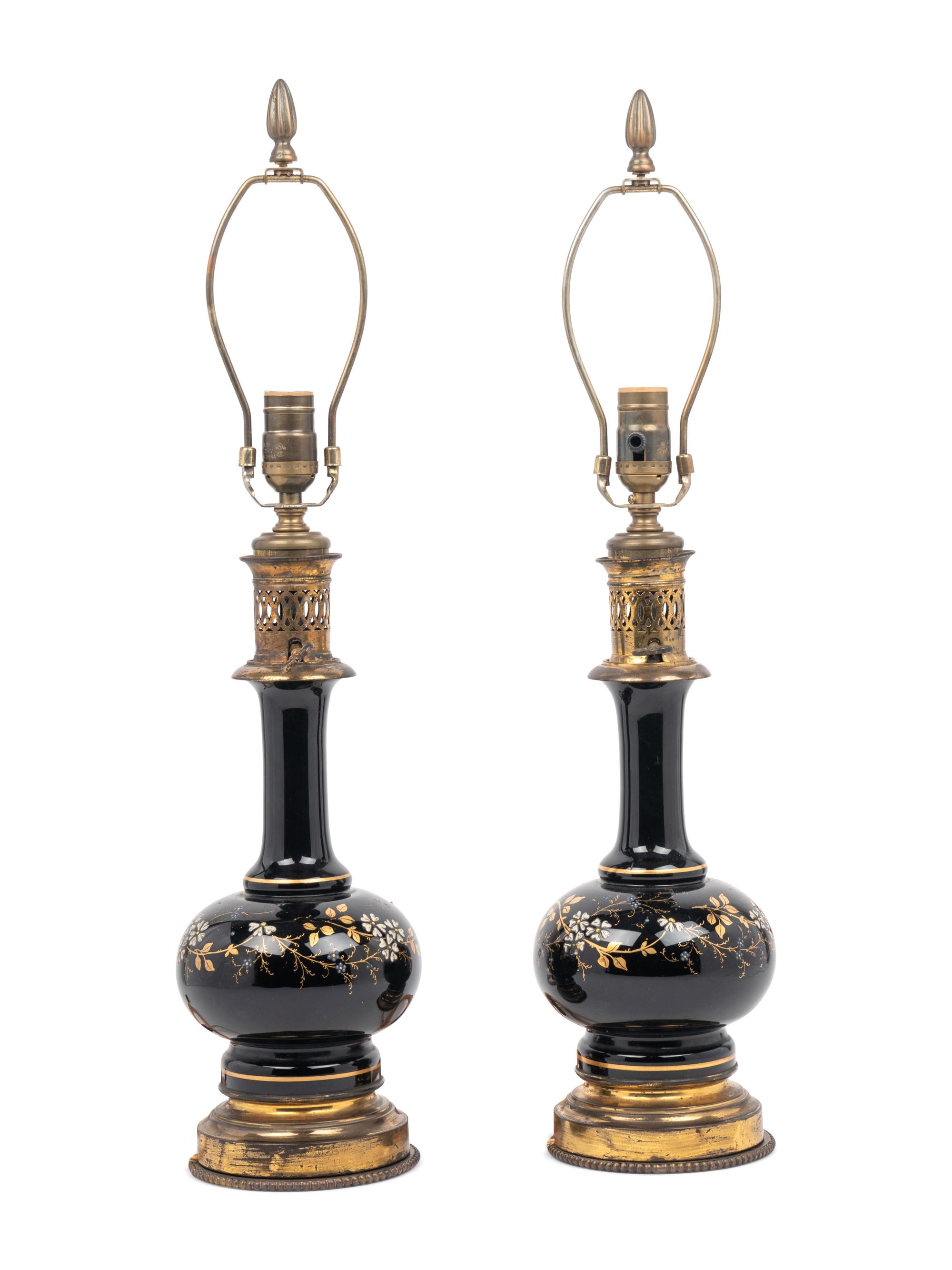 A Pair of French Enameled Glass Fluid Lamps Converted to Electricity