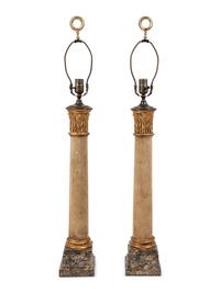 A Pair of Painted and Parcel Gilt Columnar Lamps