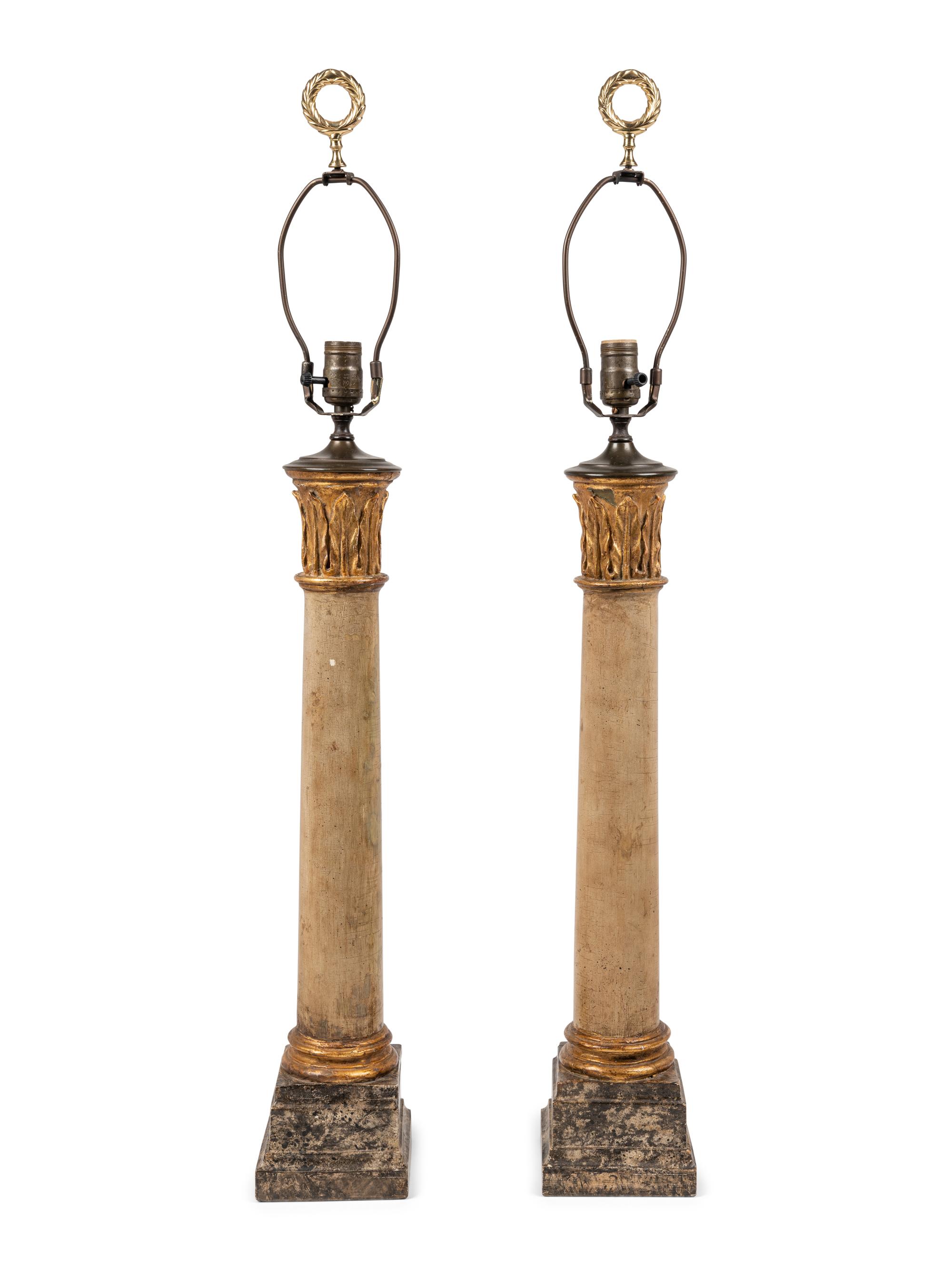 A Pair of Painted and Parcel Gilt Columnar Lamps