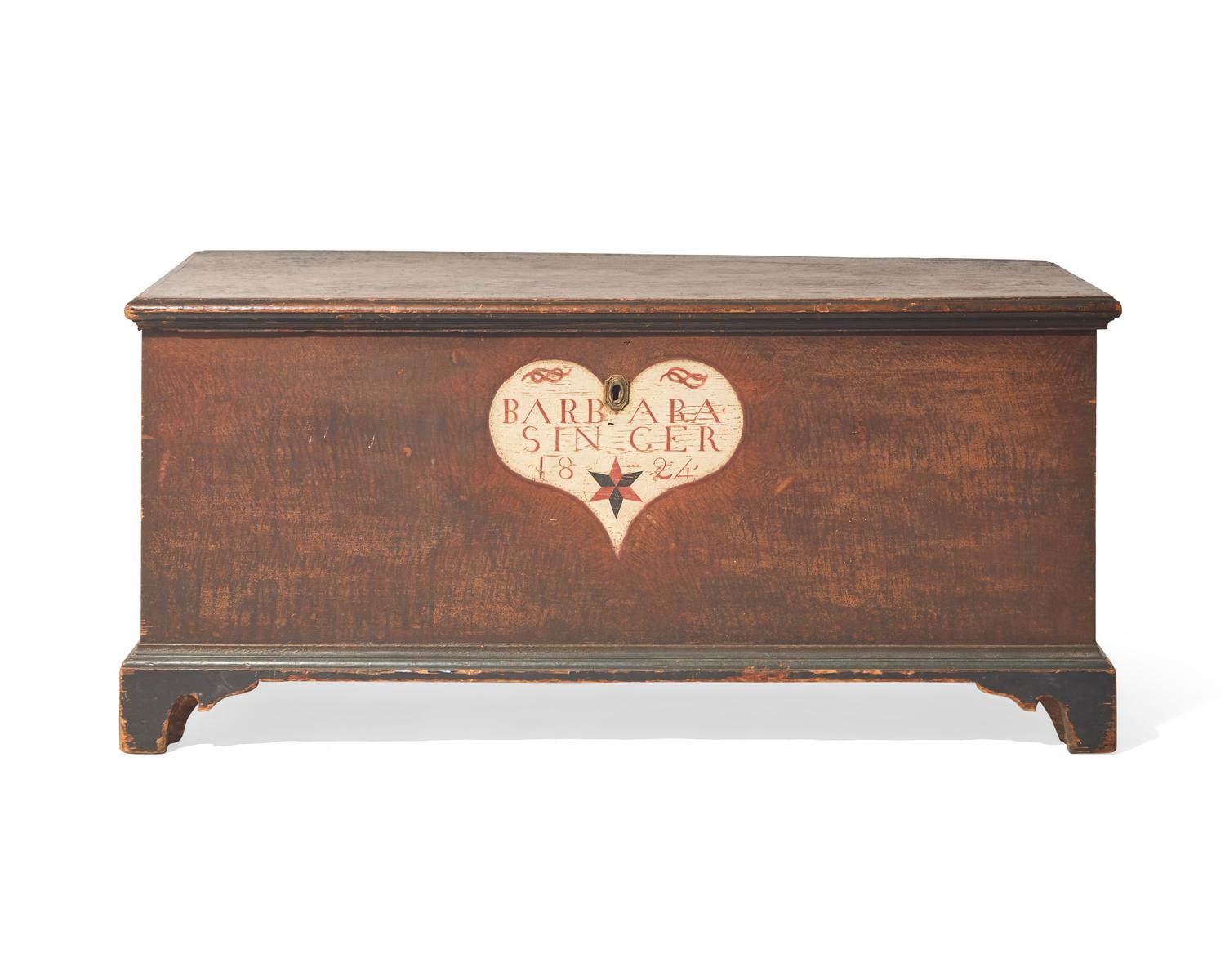 A Painted and Decorated Blanket Chest, probably Lancaster, Pennsylvania, Inscribed and Dated, "Barbara Singer 1824"