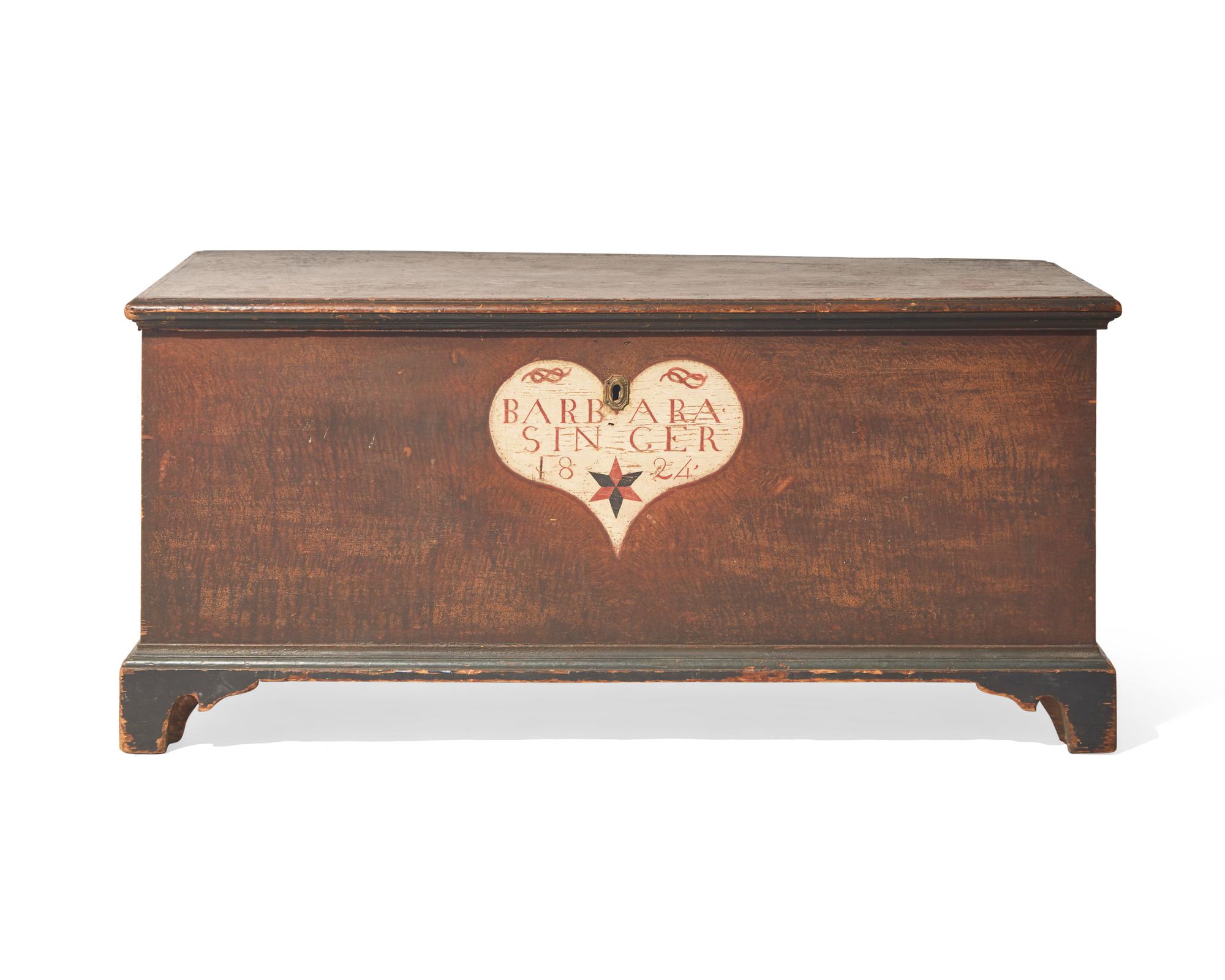 A Painted and Decorated Blanket Chest, probably Lancaster, Pennsylvania, Inscribed and Dated, "Barbara Singer 1824"