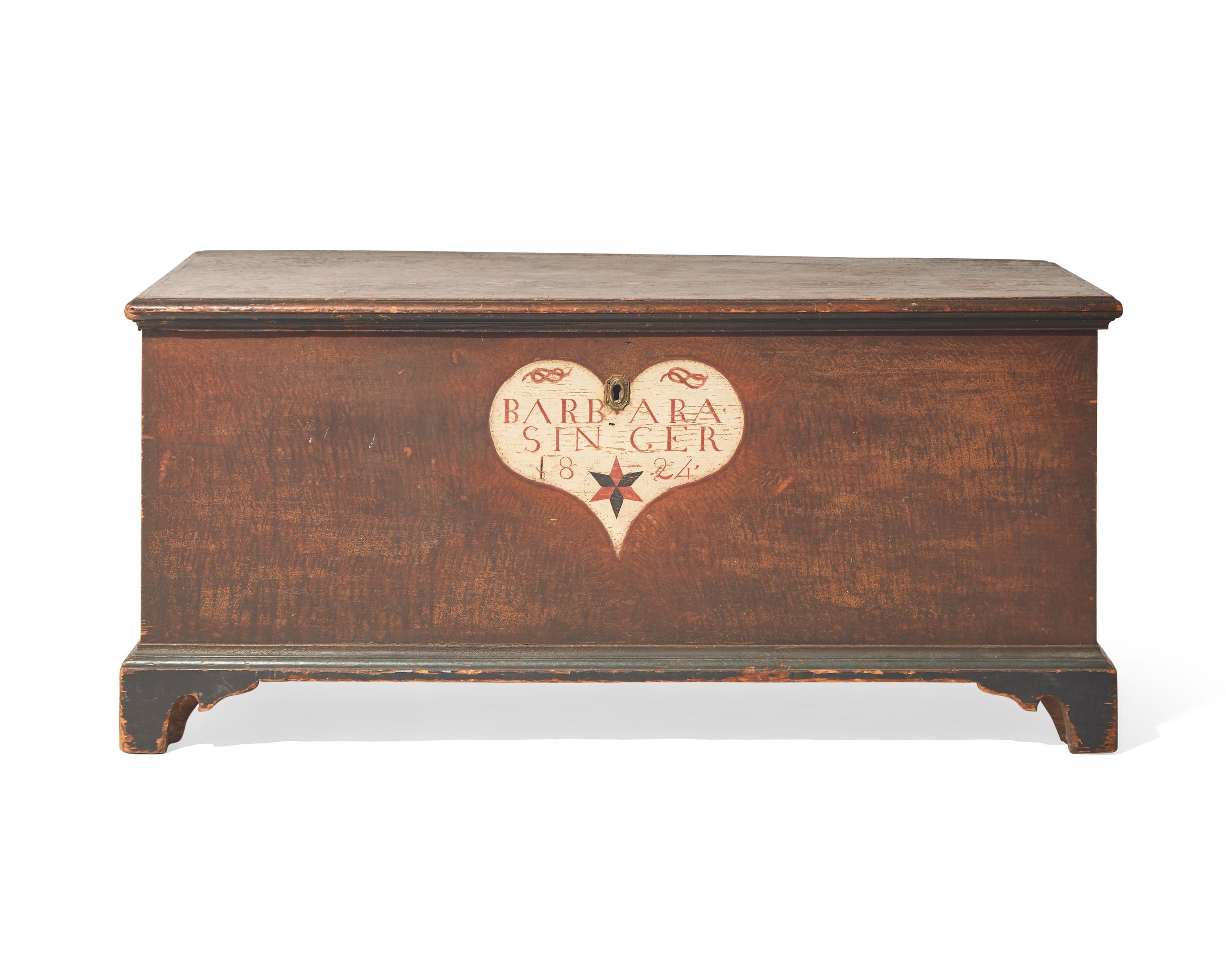 A Painted and Decorated Blanket Chest, probably Lancaster, Pennsylvania, Inscribed and Dated, "Barbara Singer 1824"